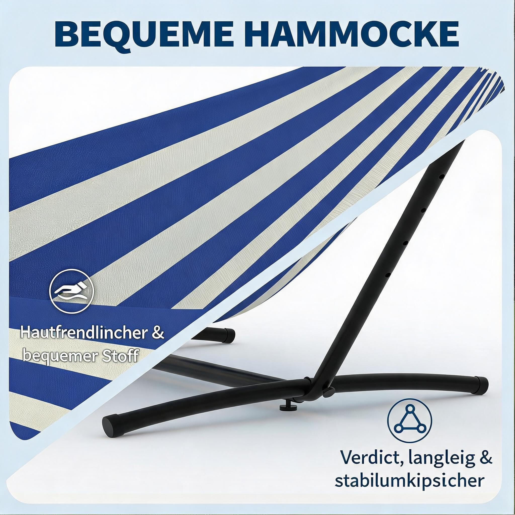 Hängematte mit Gestell für 2 Personen, 226kg Belastbarkeit, Blau-Weiß
