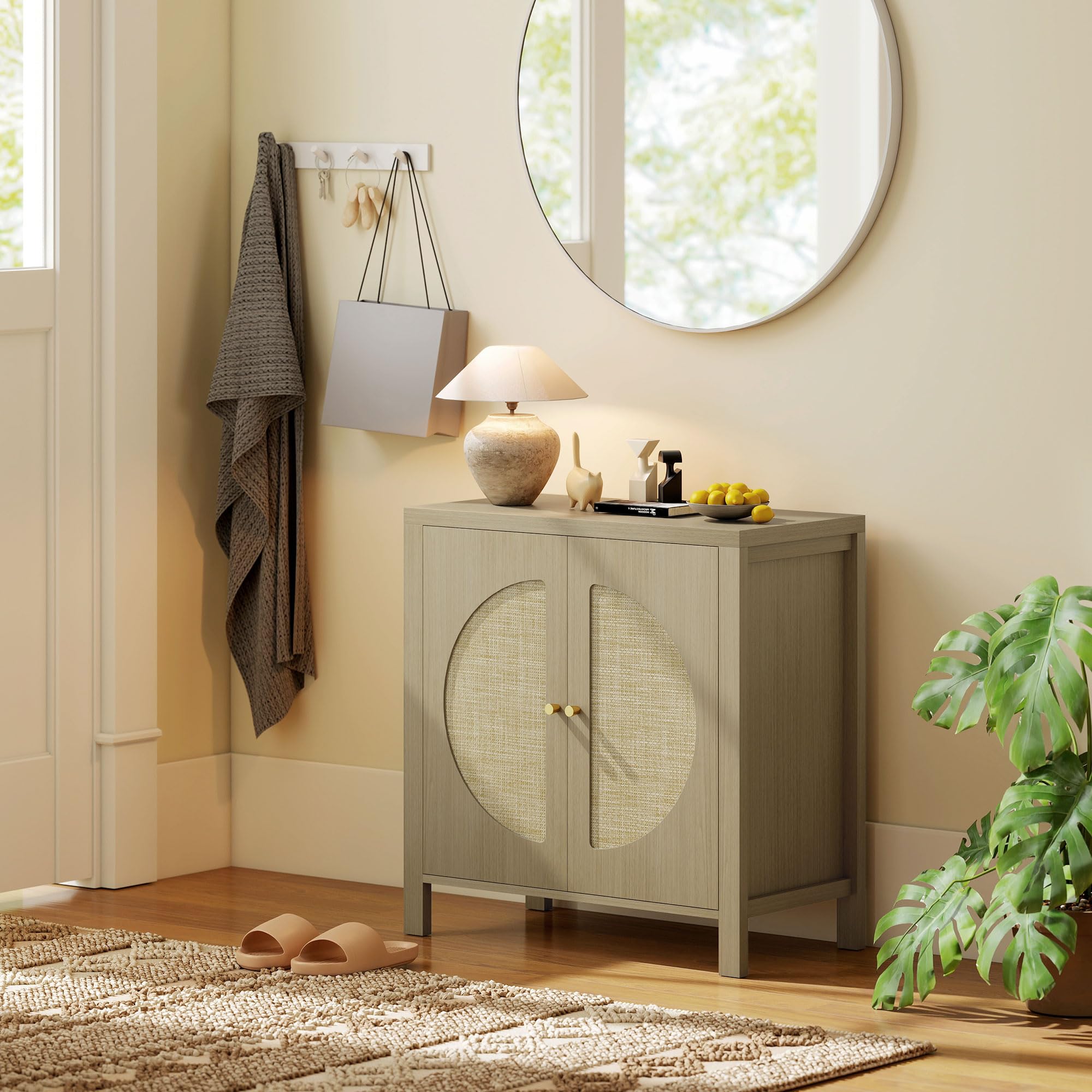 HOMCOM Aparador de Cocina con 2 Puertas Buffet 75x38x77 cm Madera Natural | Ratán Sintético, Mueble Auxiliar de Cocina, Estante Ajustable, 2 Tiradores, para Comedor, Salón, Muebles