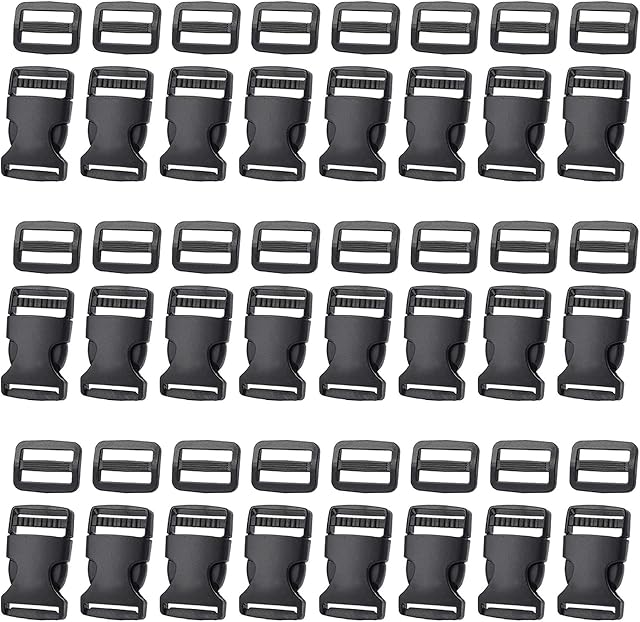 48Pcs 25mm Side Release Plastic Buckle with Tri-glide for Luggage Straps, Pet Collar, Backpack Repairing, Webbing, Tent - No Sewing Needed! Black