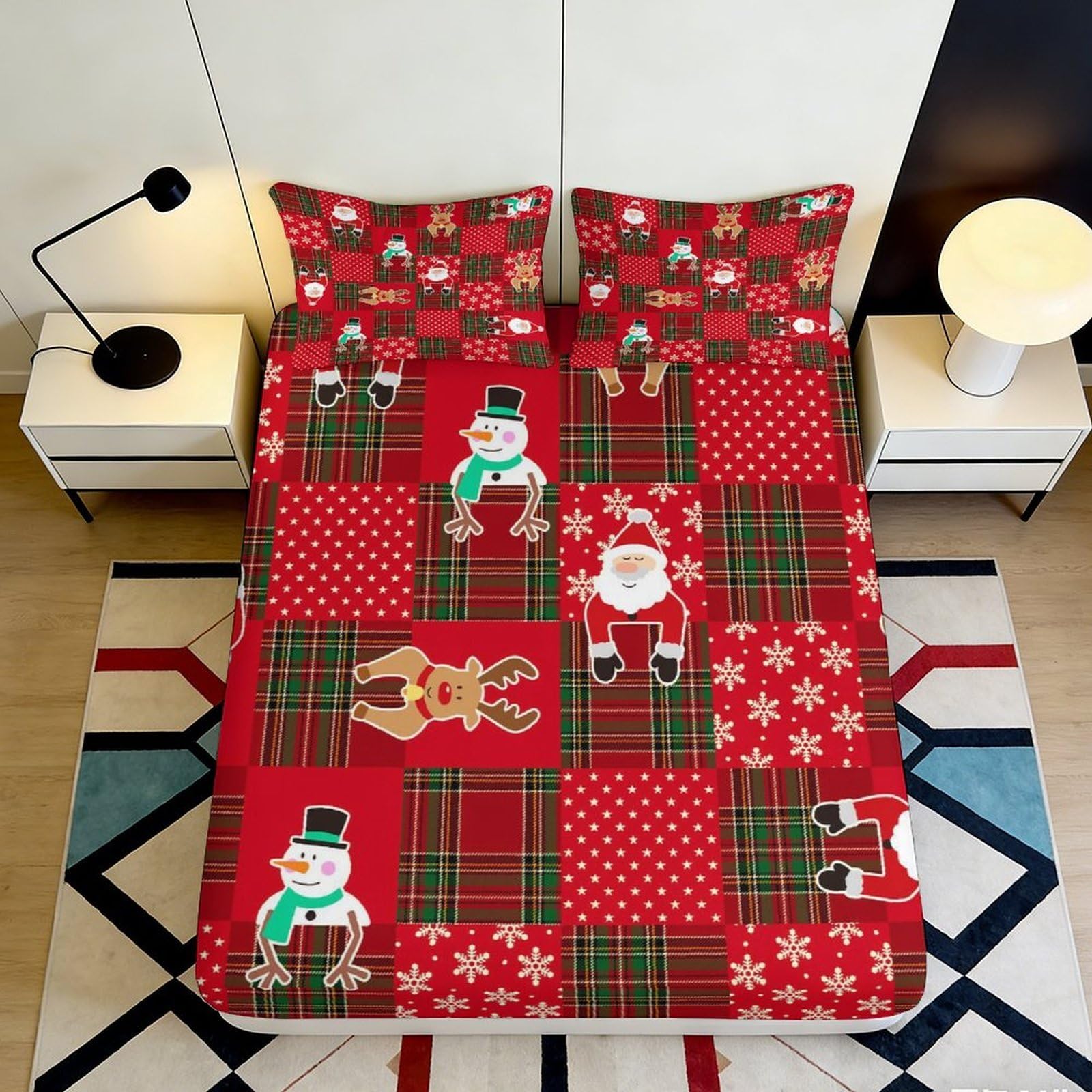 Pnayamiorkfel Style-1 3D Printed Christmas Patchwork Fitted Sheet Microfiber Red Snowman Santa Mattress Cover For Bedroom Guestroom Decor 90X200x25cm