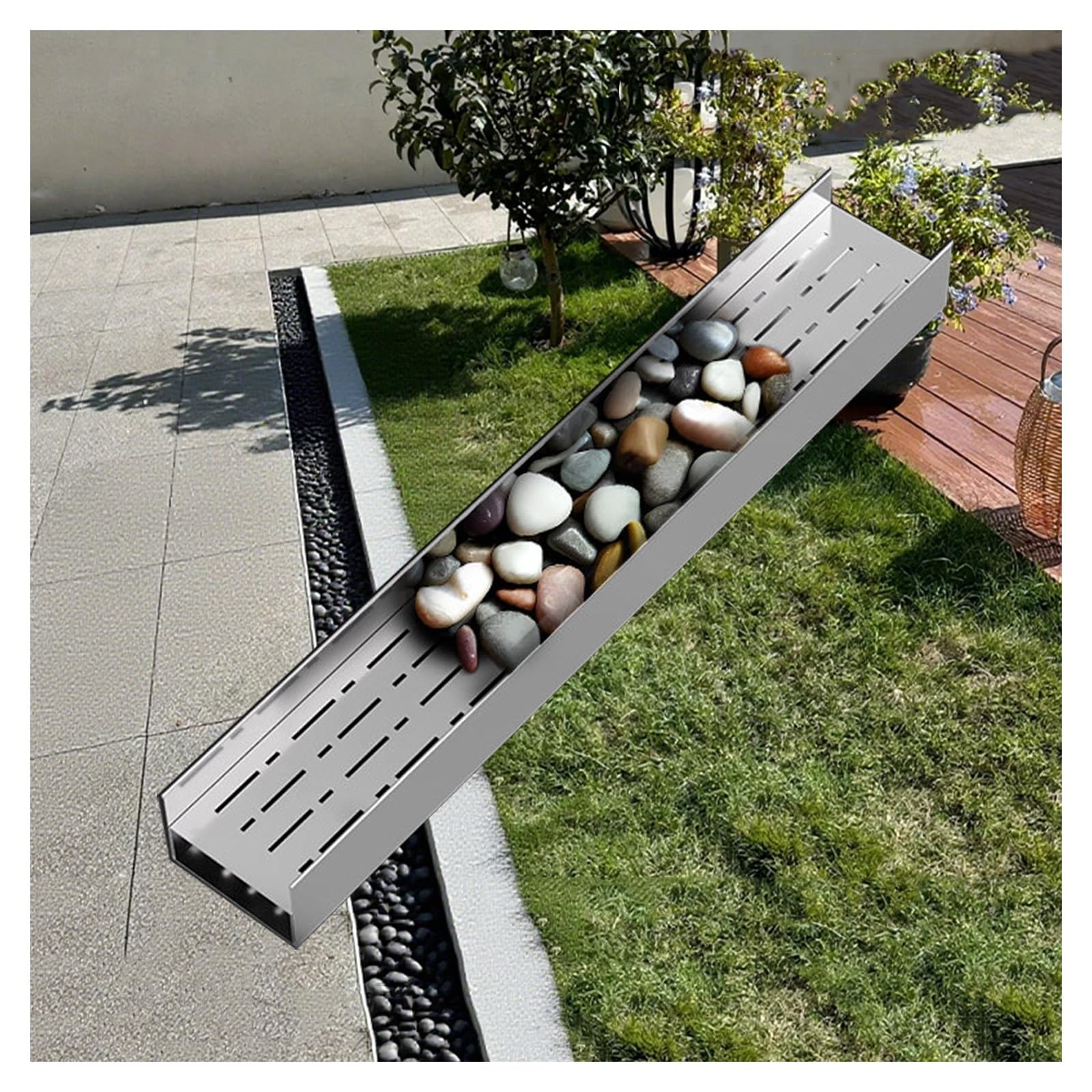 GLDYTVF 304 Stainless Steel Drainage Channel Pebble Drainage Grate for Concrete Pavers Patios & Walkways Linear Drainage System (H5*W15CM/H1.97*W5.91IN)