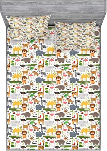 Lunarable Juego de sábanas bajeras y fundas de almohada, diseño de animales con temática de safari, leones, tigres, flamencos, divertido, juego de
