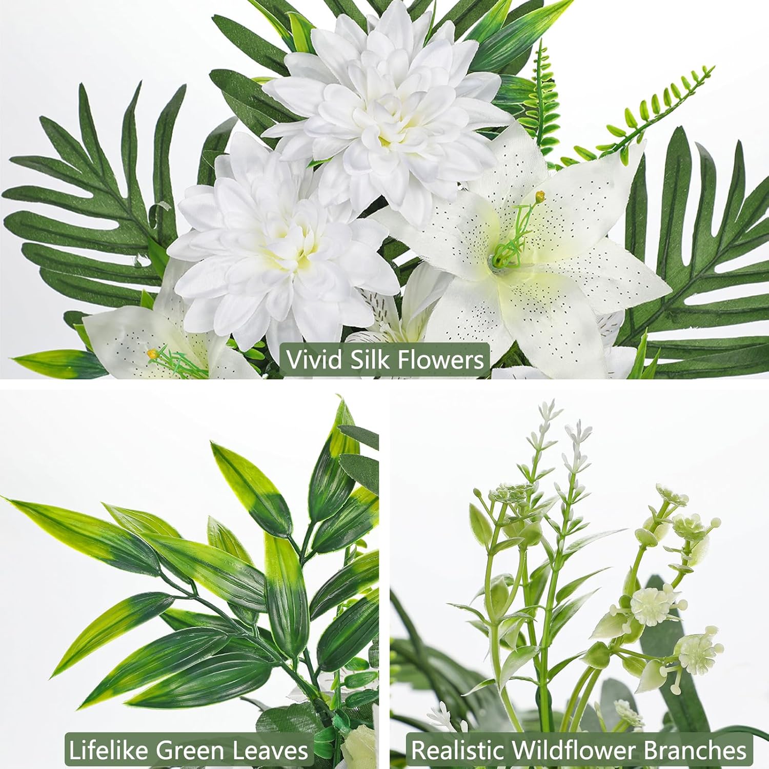 Oairse Artificial Cemetery Flowers in Pot Funeral Flowers Arrangements 18.8in Silk White Potted Lily Dahlia Memorial Flower for Grave Cemetery Headstones Outdoor Decoration