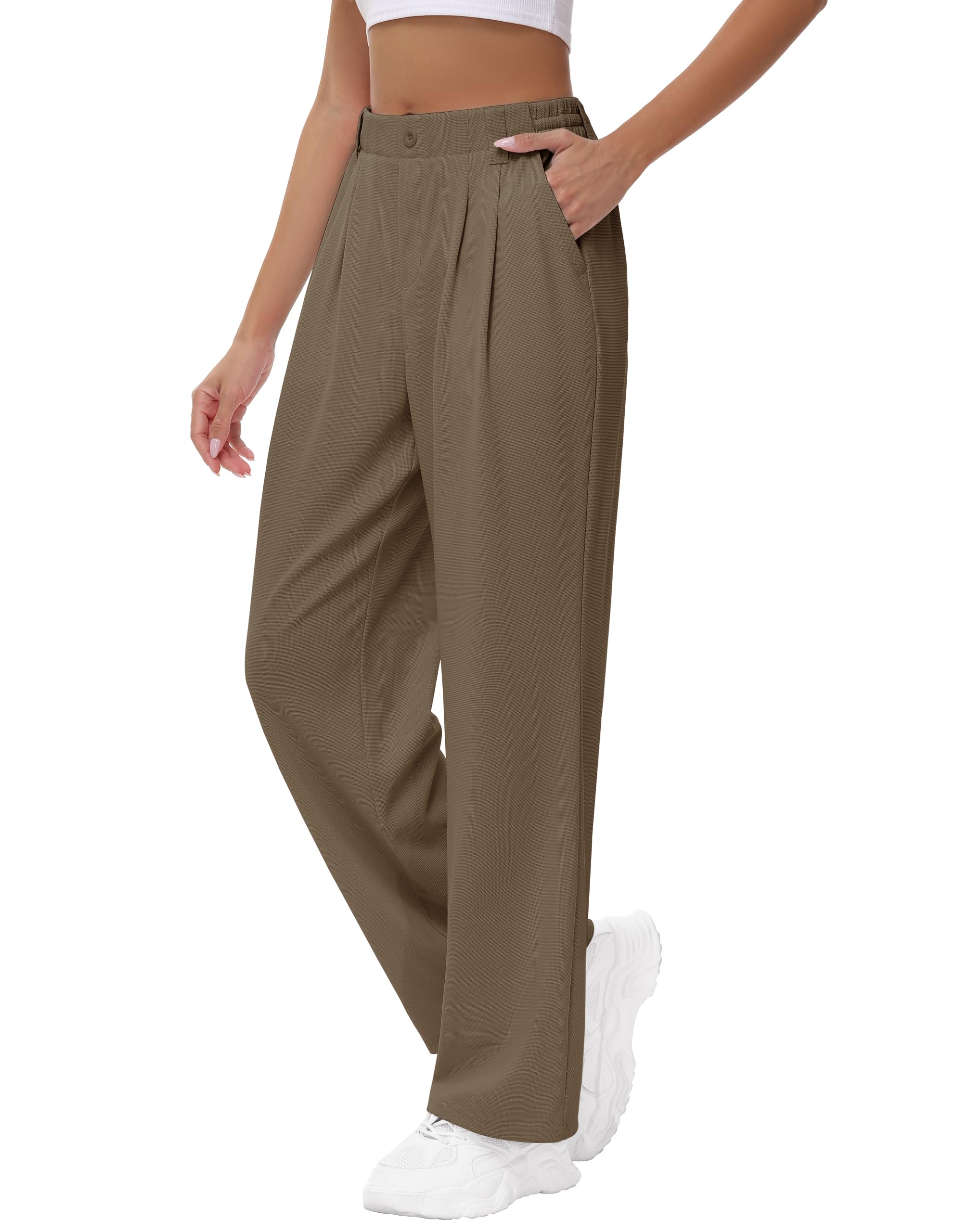 Womens Wide Leg Stretchy Pants - 29 31 Waffle Knit High Waisted Teacher Business Casual Work Pleated Trousers