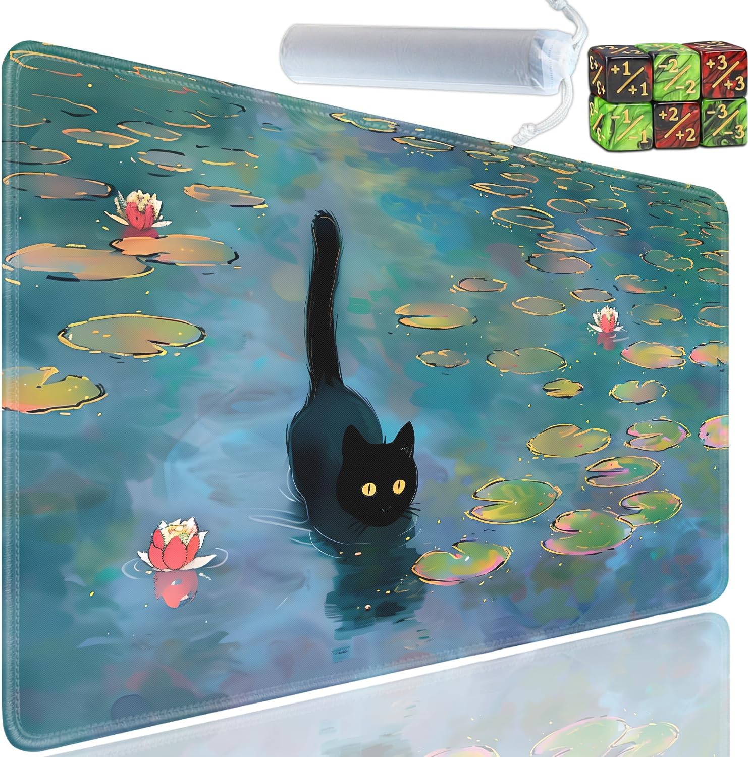 Playmat for MTG, 24x14 Inches Playmats, for TCG and CCG Trading Card Game Mat, Non-Slip Rubber for MTG Playmats with A Storage Bag and 6 Dice Set, Water Lily Blue Pond Black Cat
