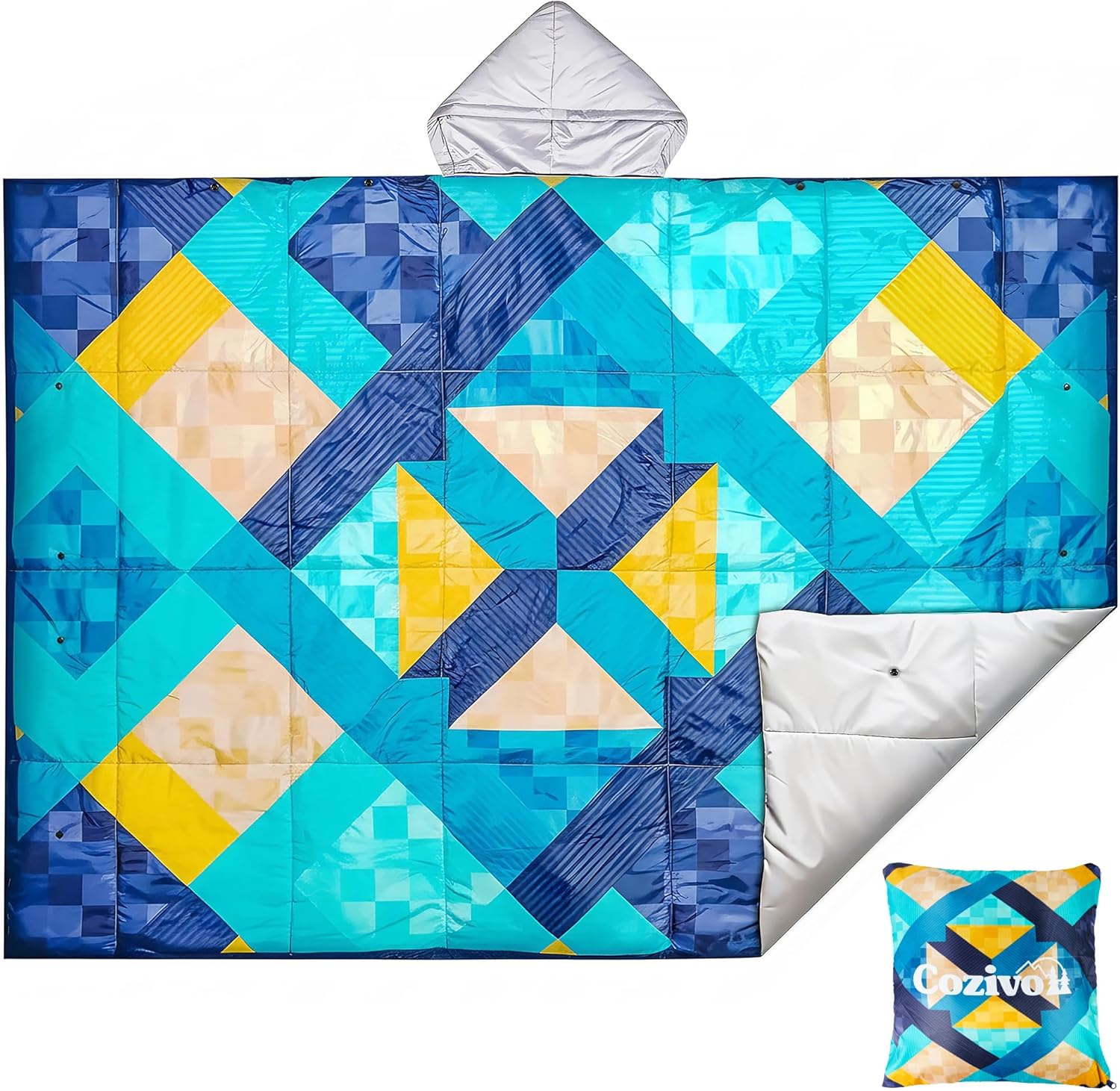 Camping Blanket, 2-in-1 Wearable Puffy Camping Blanket with Hood & Snap Buttons Waterproof Lightweight Travel Blanket Converts to Pillow for Backpacking, Beach, Picnics, Stadium(Kaleidoscope)