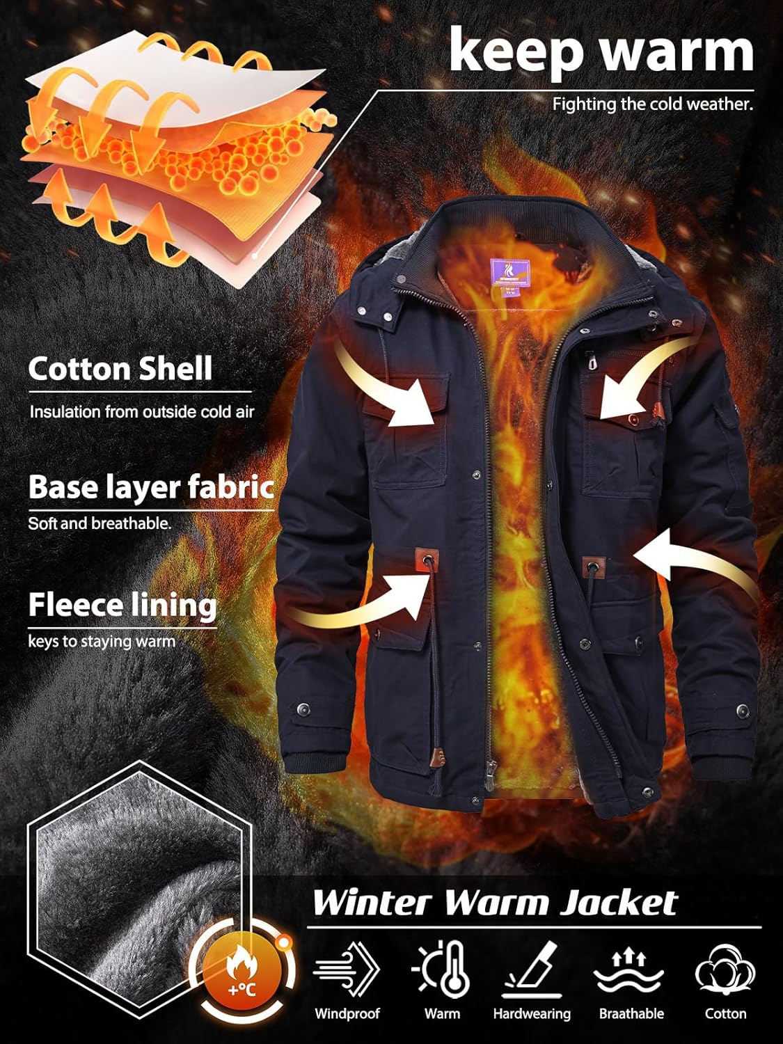 SPOSULEI Winter Jackets for Men Cotton Work Fleece Lined Army Jacket Winter Military Coat with Multi-Pockets Black M - Image 4