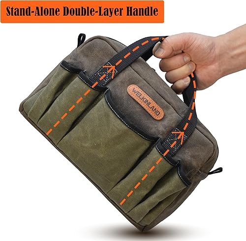 Miniatura 3 de WELKINLAND Organizador de herramientas de lona encerada de 14 bolsillos, bolsa de herramientas para electricista resistente, tamaño pequeño