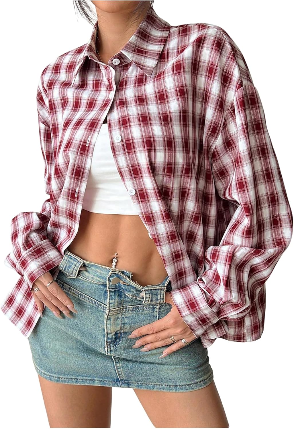Floerns Women's Y2k Plaid Button Down Shirts Long Sleeve Loose Going Out Blouse Tops