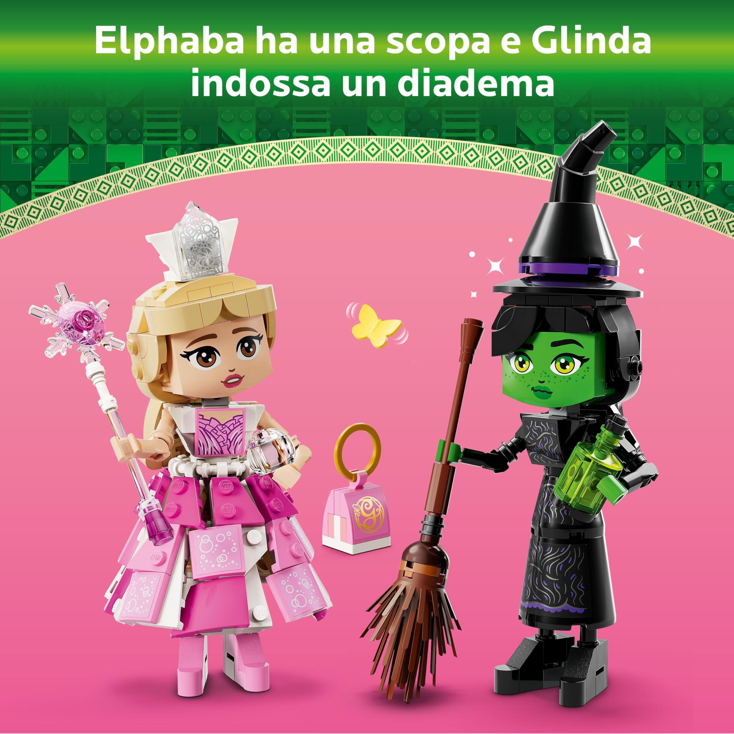 LEGO Wicked Personaggi di Elphaba e Glinda - Giocattolo da Esposizione con Accessori Inclusi Scopa, Corona e Borsetta oltre a Scena con Finestra - Regalo per Bambine da 10 Anni Fan del Film - 75682