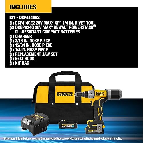 Miniatura 6 de DEWALT Herramienta de remache inalámbrica MAX XR de 20 V, 14 de pulgada, batería y cargador incluidos (DCF414GE2)