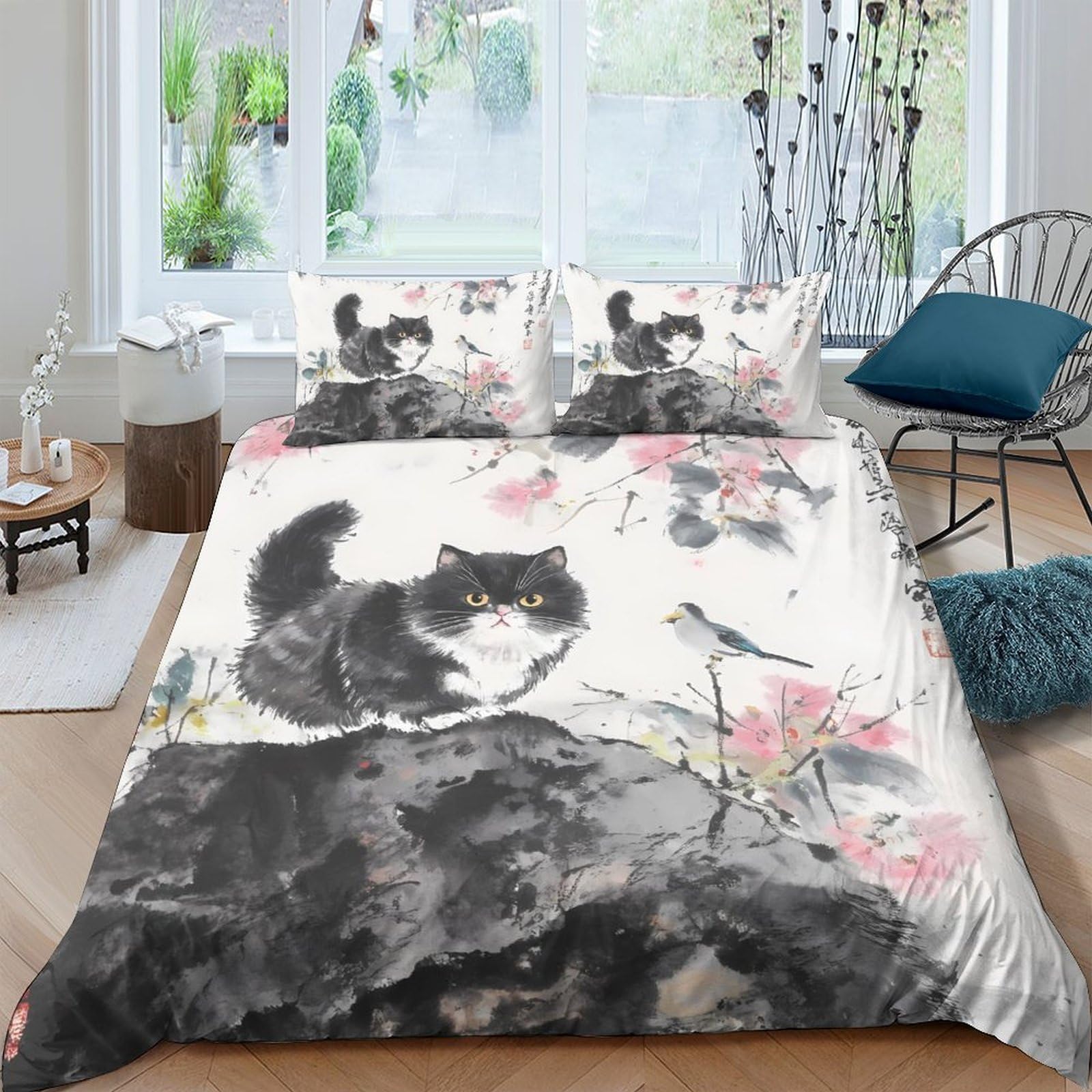 Ctjqhvkz Style-6 3D Printed Chinese Ink Cat Fitted Sheet Microfiber Soft Pink Blossom Bird Mattress Cover Bedroom Dorm Easy Care Single（135X200cm）