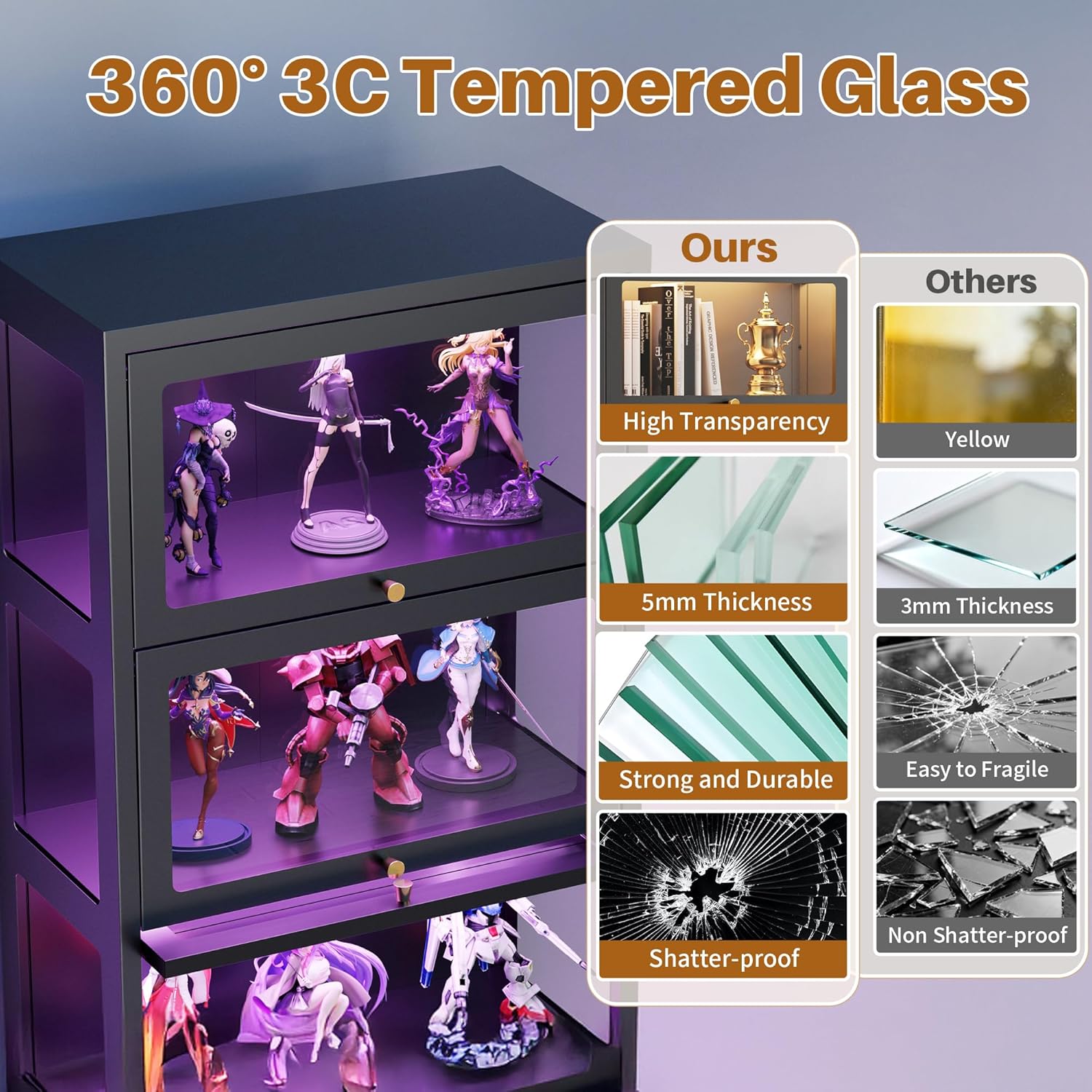 4 Tier Glass Display Cabinet with Flip-Up Doors, 55" Curio Cabinet with 13-Color LED Lights, 3-Side Tempered Glass Metal Display Cabinet for Books, Collectibles, Figures, Black