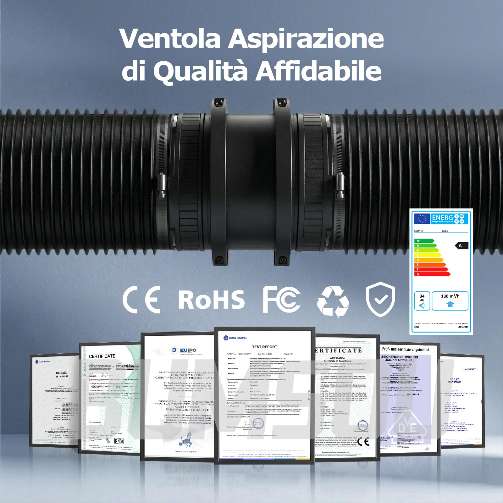 Ventilatore da Condotto da 100 mm – Ventilatore in Linea Silenzioso per Bagno, Cucina e Grow Tent TB04ED (con base)