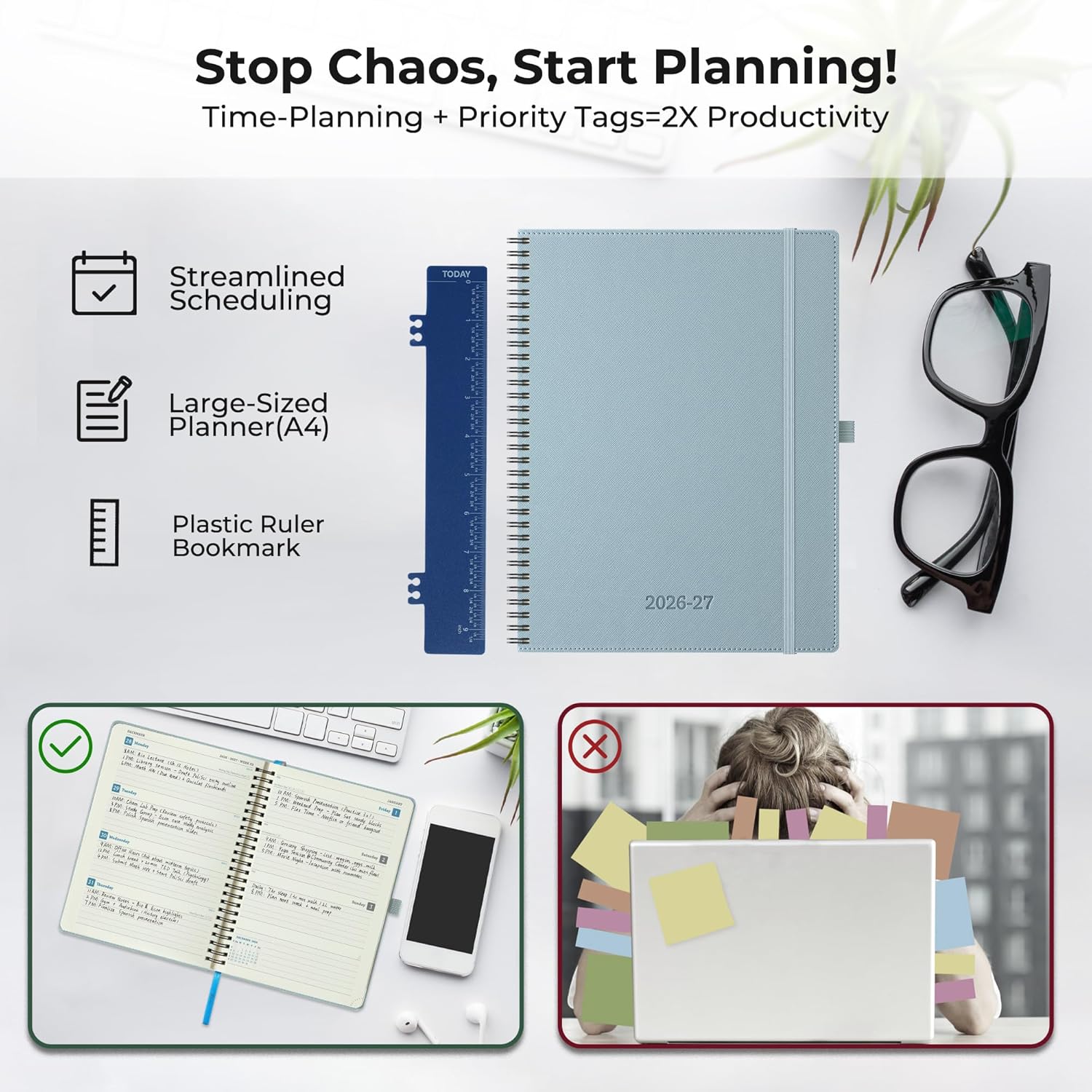 Planner 2026-2027 Daily Weekly and Monthly,11.5"x8.5",18 Months Spiral Bound Calendar Agenda with Self-adhesive Pen Holder,2026 Academic Plan with Vegan Leather Soft Cover,Dusty Blue