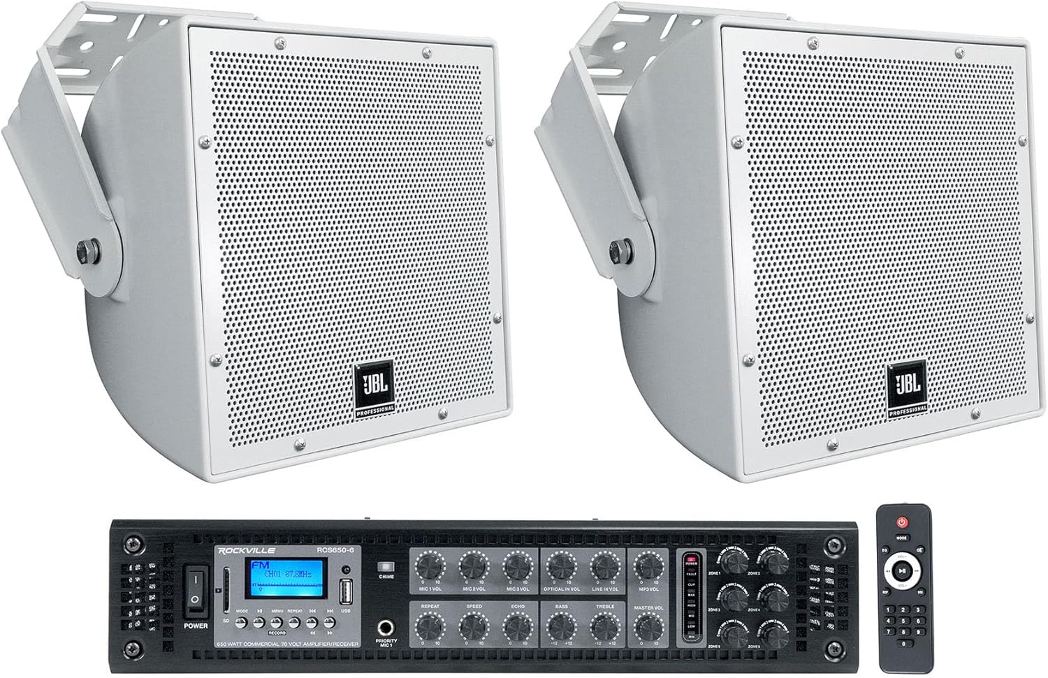 Rockville (1) RCS650-6 650 Watt 6 Zone 70v Commercial/Restaurant Amplifier/Bluetooth+(2) AWC82 Speakers