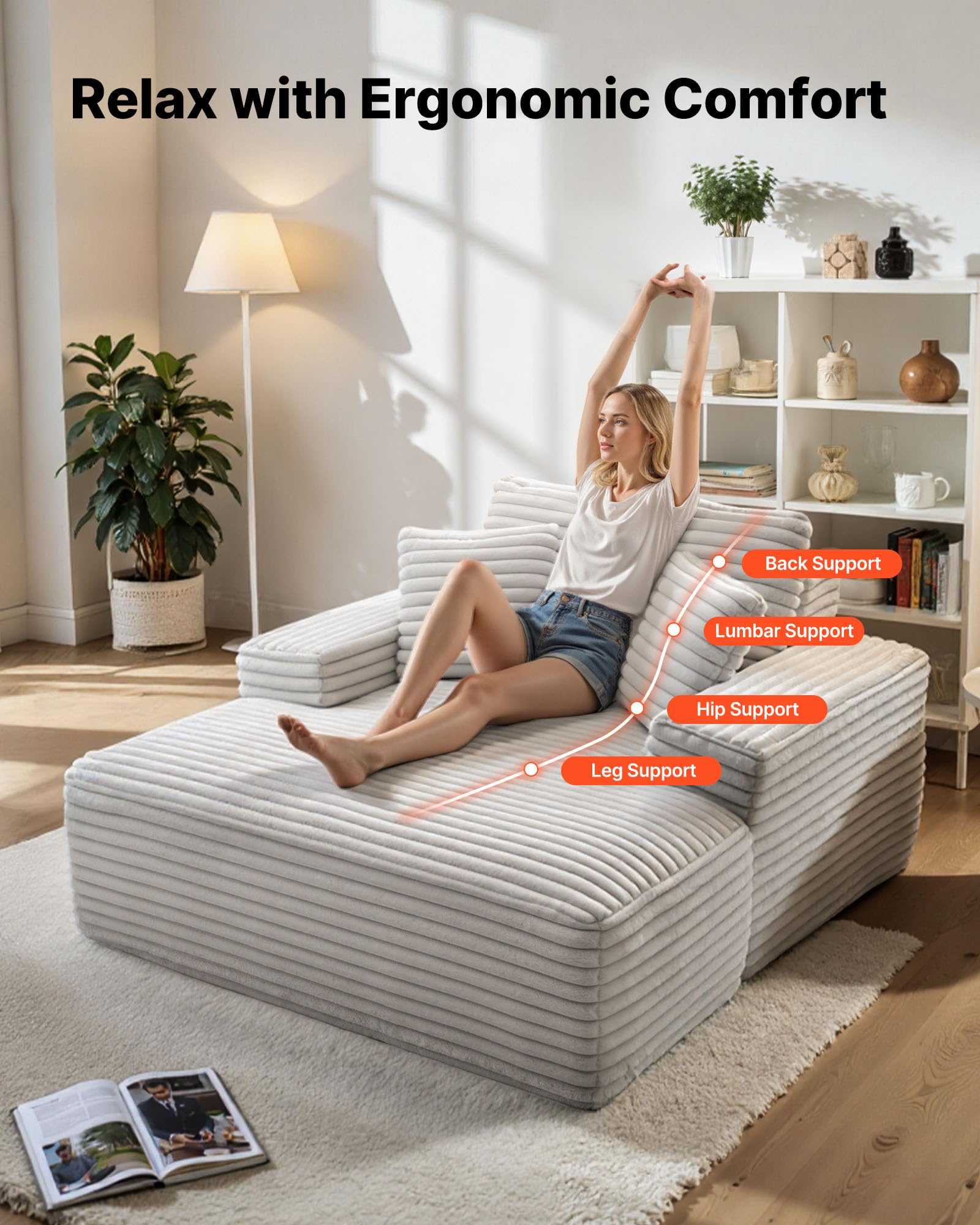 VEVOR Chaise Longue, 1380 mm Large, Chaise Longue d'intérieur surdimensionnée sans os, Fauteuil de Lecture Moderne rembourré avec Coussins et accoudoirs, canapé-lit Profond pour Salon, Chambre, Beige