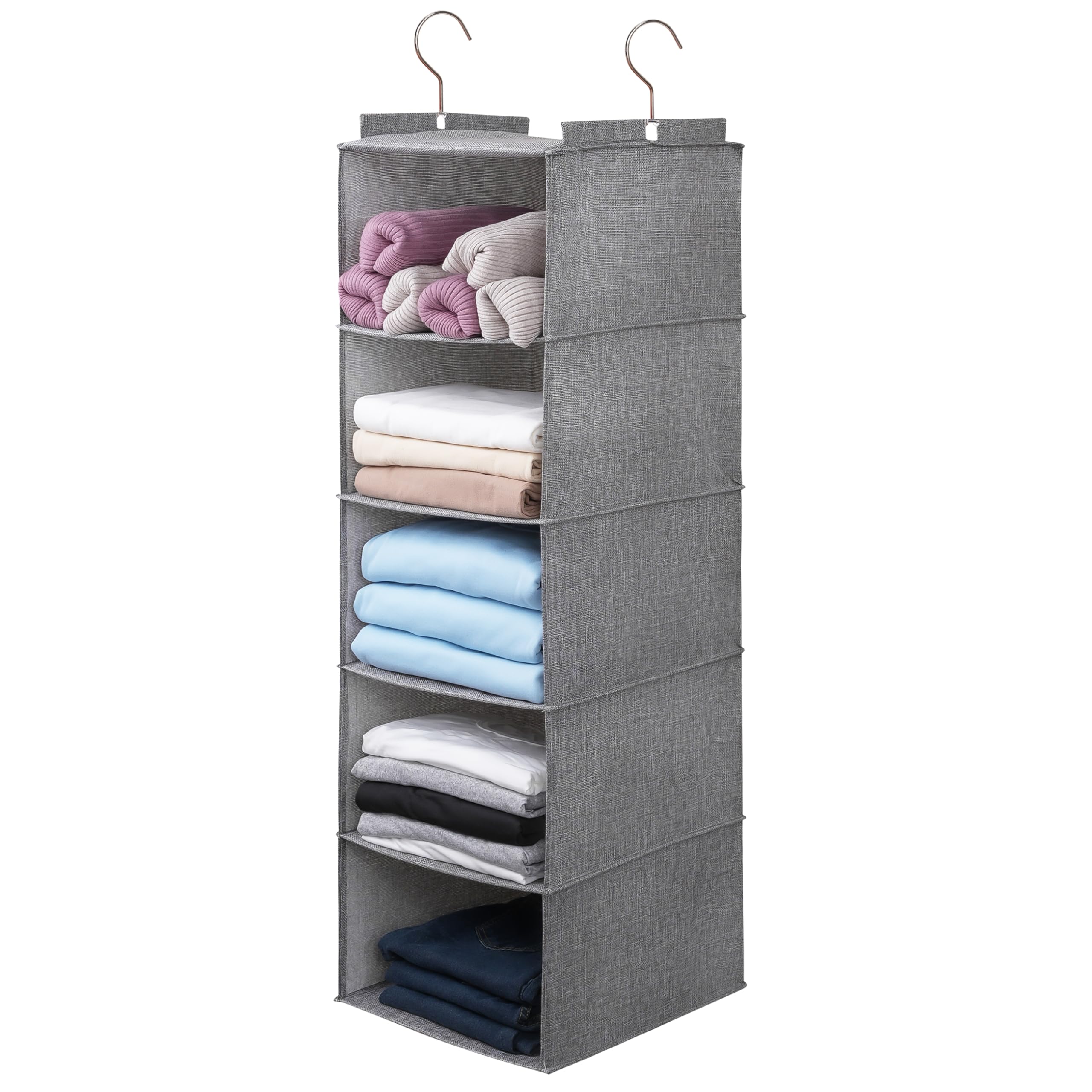 tulinstiraga Large Hanging Sweater Organizer for Closet,Collapsible 6-Shelf Hanging Closet Shelves with Drawers, Washable (Grey-5 Shelf)