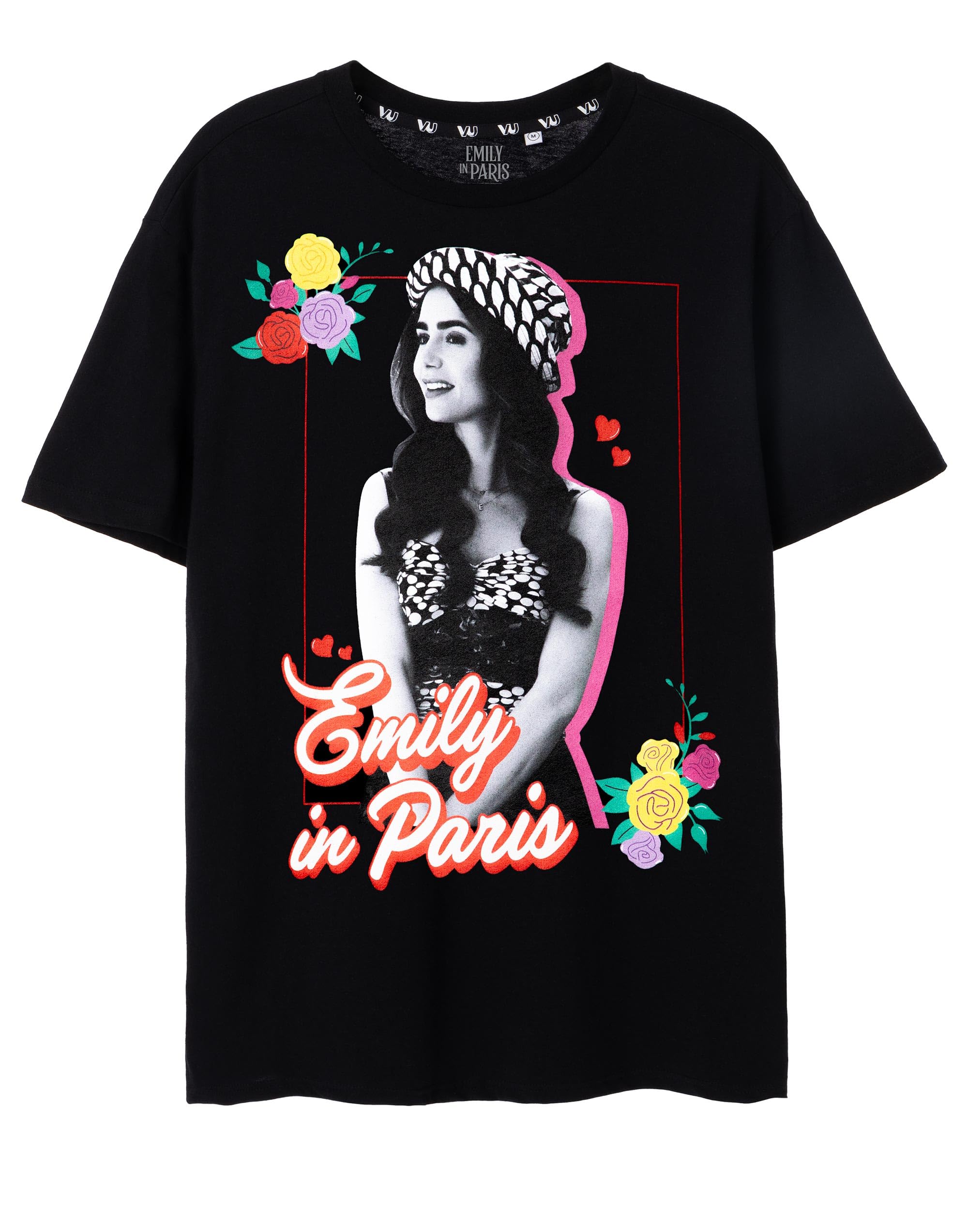 Emily in Paris Womens T-Shirt in Black | Floral Paris Chic Short-Sleeved Top for Adults | Short Sleeve Lightweight Oversized Graphic Tee | Romantic Netflix Merchandise Gift for Women