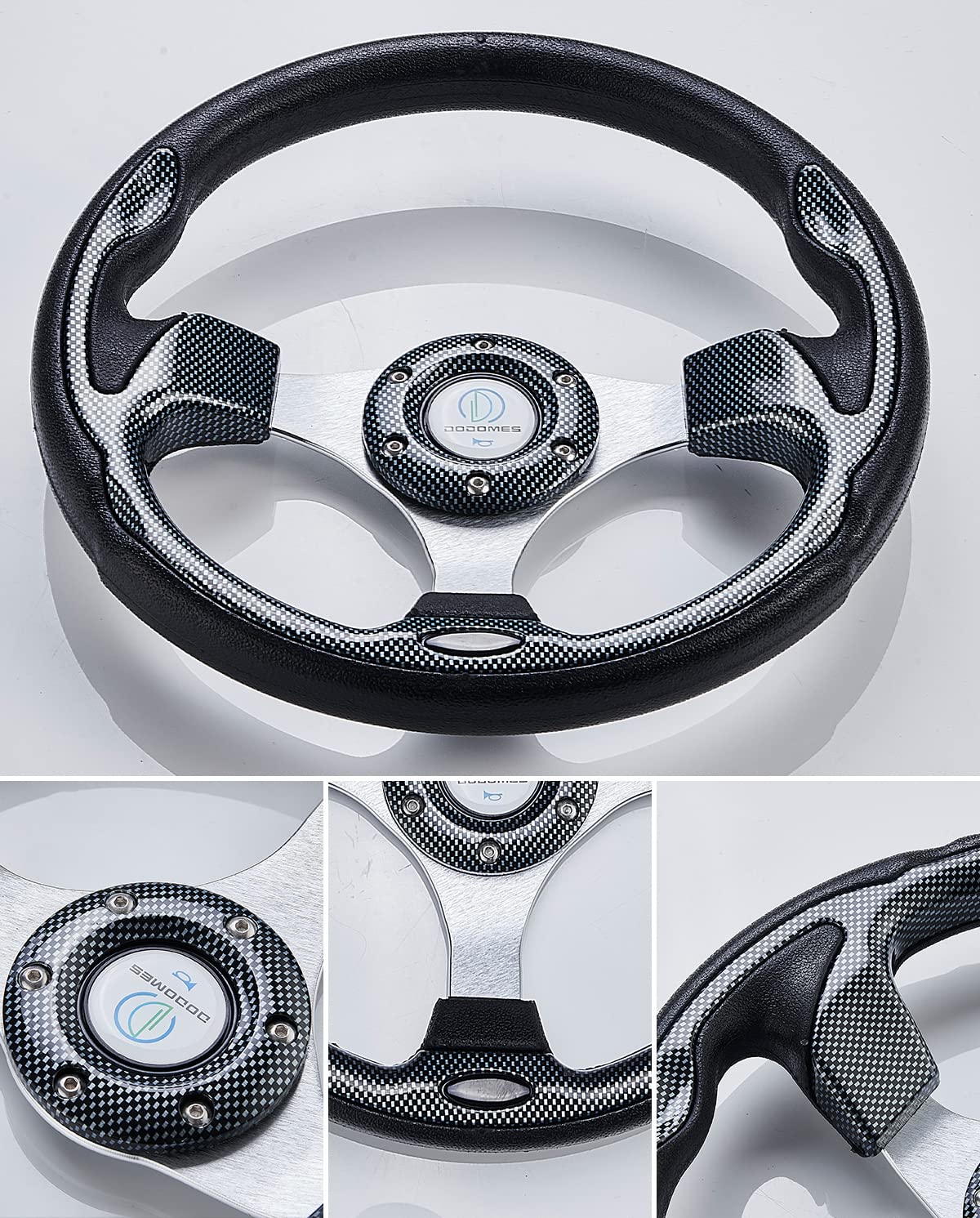 Universal Racing Steering Wheel for Golf Cart, EZGO Yamaha Club Car DS & Precedent, Aluminum with Horn Button for Car, 12.5”/320mm 6 Bolts Grip Vinyl Leather, black & carbon fiber