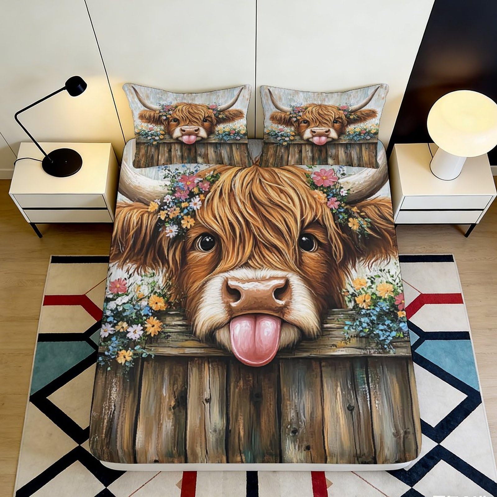 3D Printed Highland Cow Fitted Sheet Microfiber Soft Breathable Floral Farmhouse Bed Cover for Bedroom Guest Room Decor 90x200x25cm