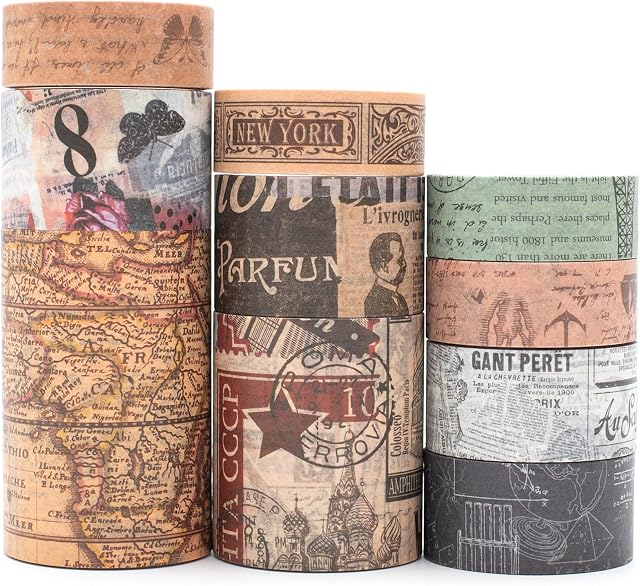 YUBX Vintage Washi Tape Set 10 Rolls Wide Decorative Antique Map Stamp Newspaper Masking Tapes for Arts, DIY Crafts, Journals, Planners, Scrapbook, Wrapping