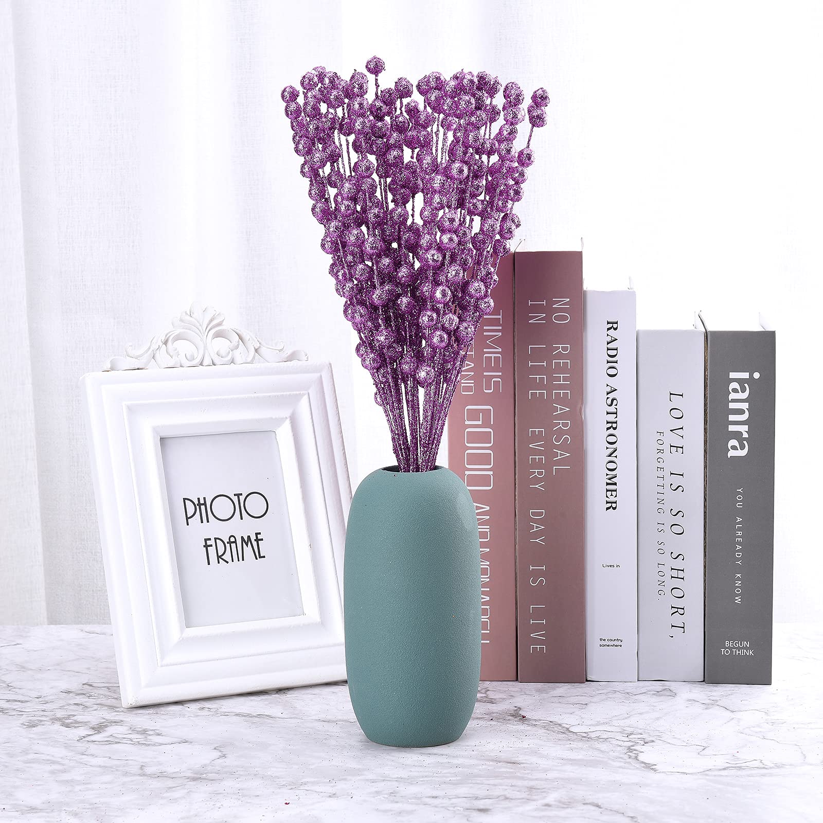 ASSR 100Pack Christmas Glitter Berries Stems,15.7in Fake Christmas Picks Glitter Sticks,Artificial Fruit Berry Picks for Xmas Tree Ornament -Purple 210712XU03-5-2#BVR59 13.8-15.7in