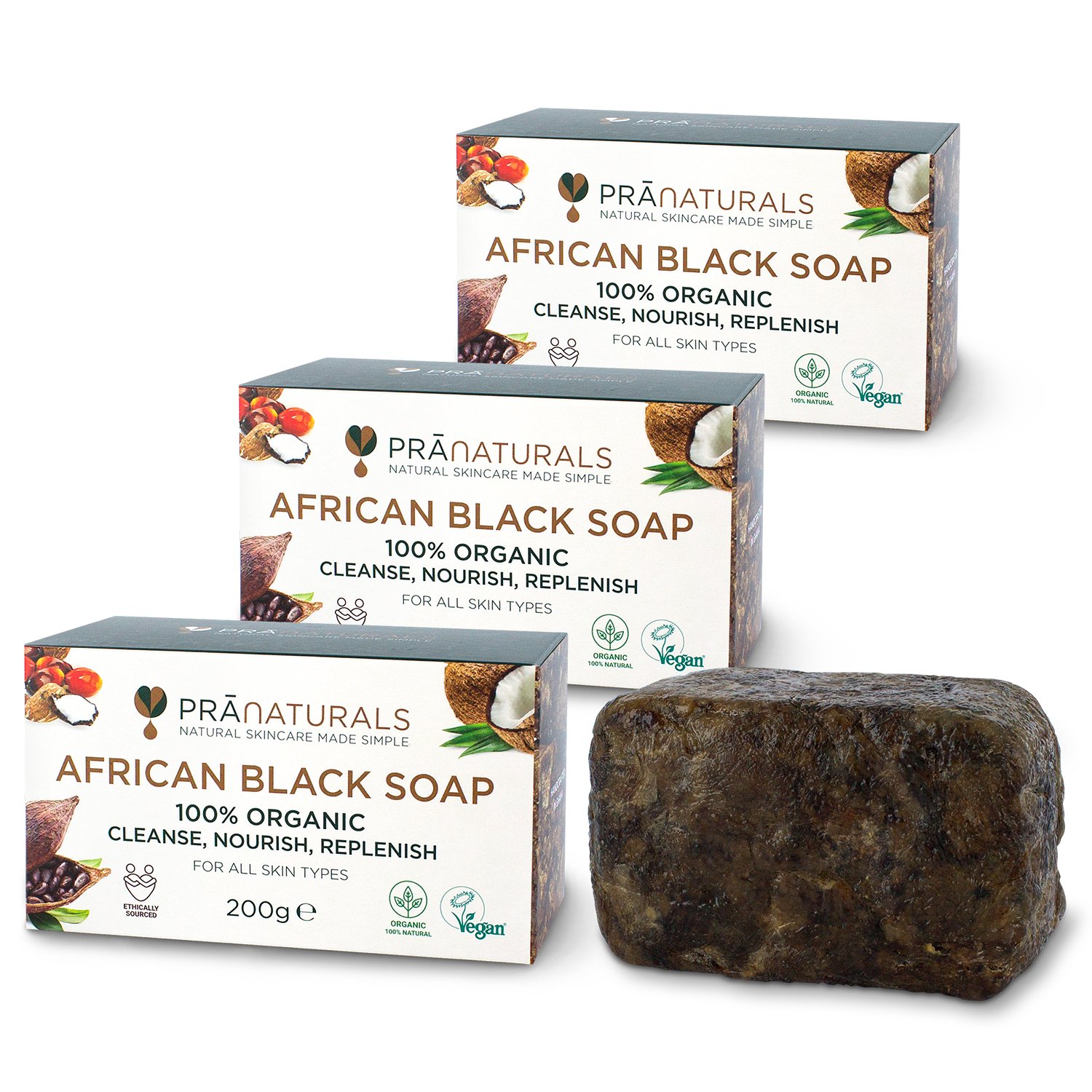 PraNaturals Savon Noir Africain Bio 100% Biologique 3x 200g, de source éthique et fabriqué à la main au Ghana, pour tous les types de peau