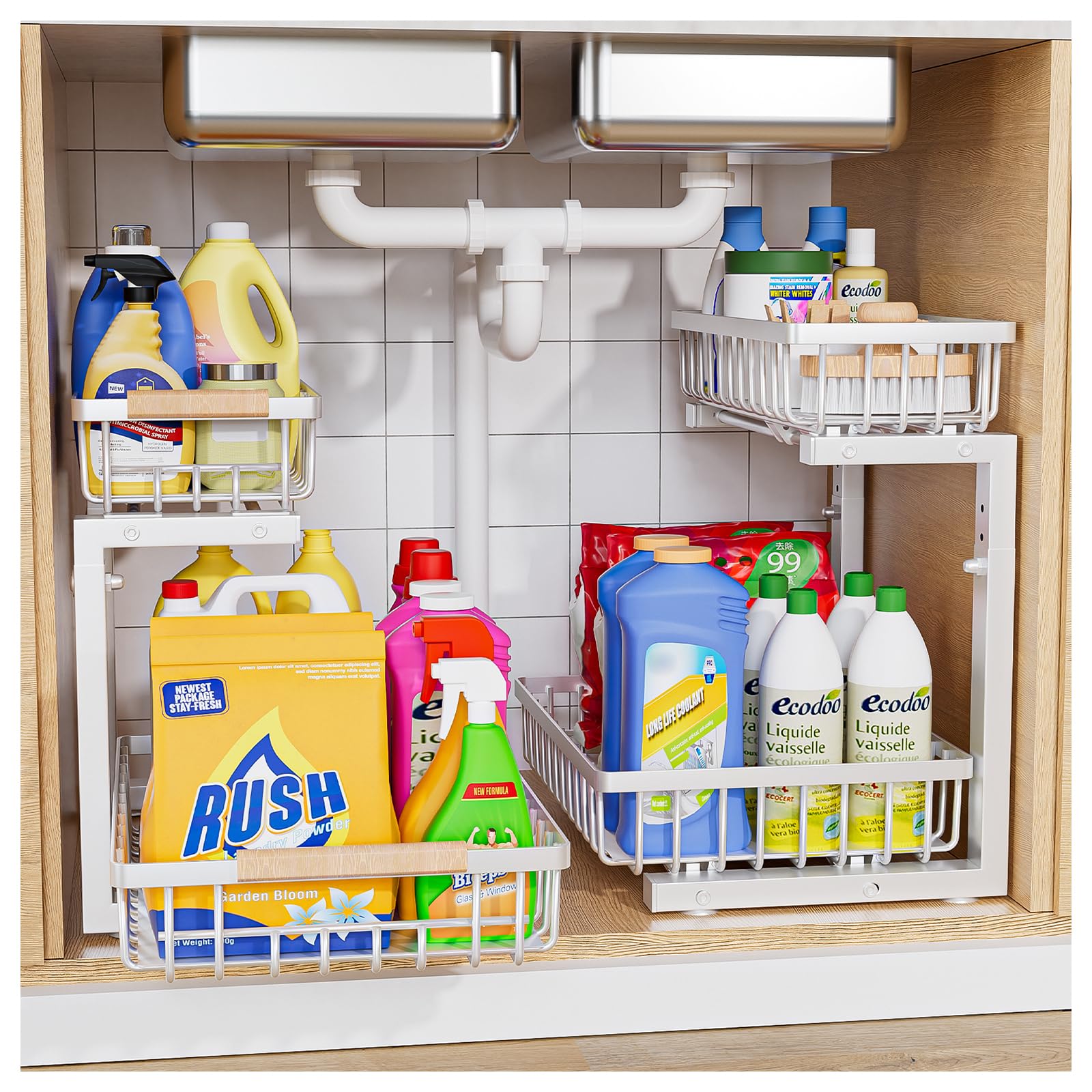 2 Pack Under Sink Organizer, 5 Level Height Adjustable Pull Out Cabinet Organizer, 2 Tier Pull Out Drawers, Metal Under Sink Storage Rack for Kitchen & Bathroom, White