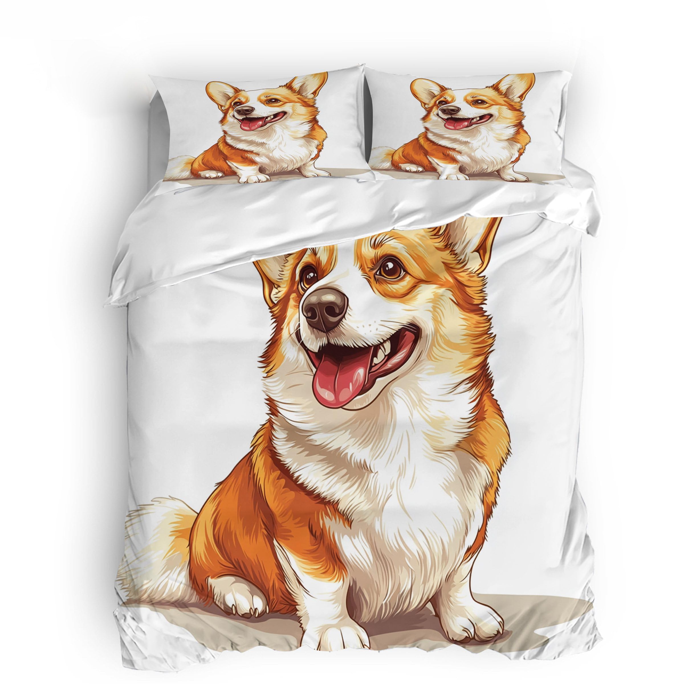 Double Cute Corgi Dog Bedding Set Ultra-Soft Microfiber Duvet Cover Set 3Pcs - 200x200cm + 2 Pillowcases 50x75cm - Cartoon Animals 3D Printed Design with Zip Closure & Corner Ties