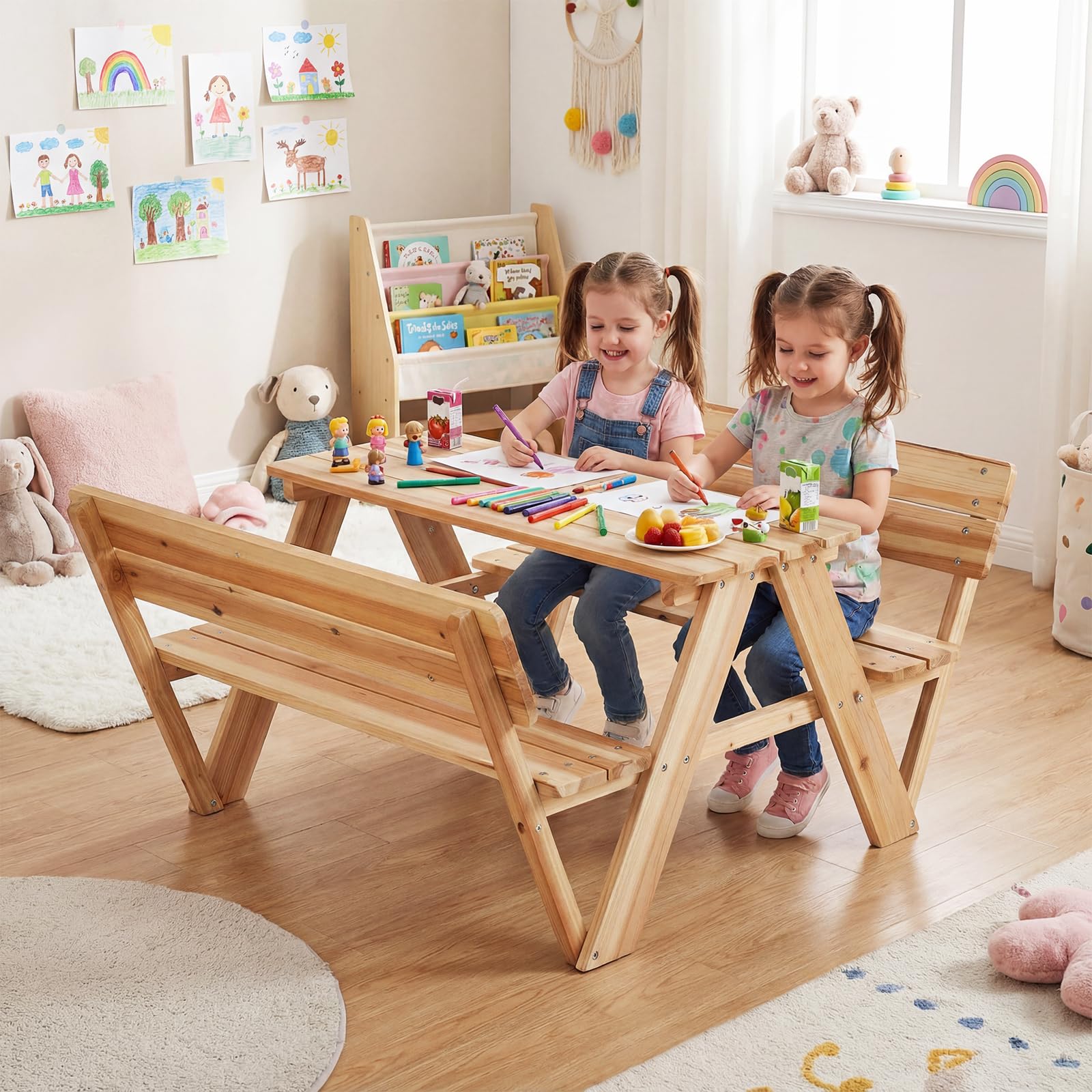 DREAMADE Table de Pique-Nique Enfants, Table Extérieure en Bois avec Bancs Intégrés et Dossiers pour 4, Ensemble Multi-activités Table et Chaises pour Patio, Jardin, Arrière-Cour, 3+ Ans