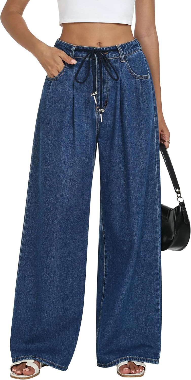 Women's Drawstring Elastic Waist Jeans Wide Leg High Waisted Baggy Straight Leg Jea...