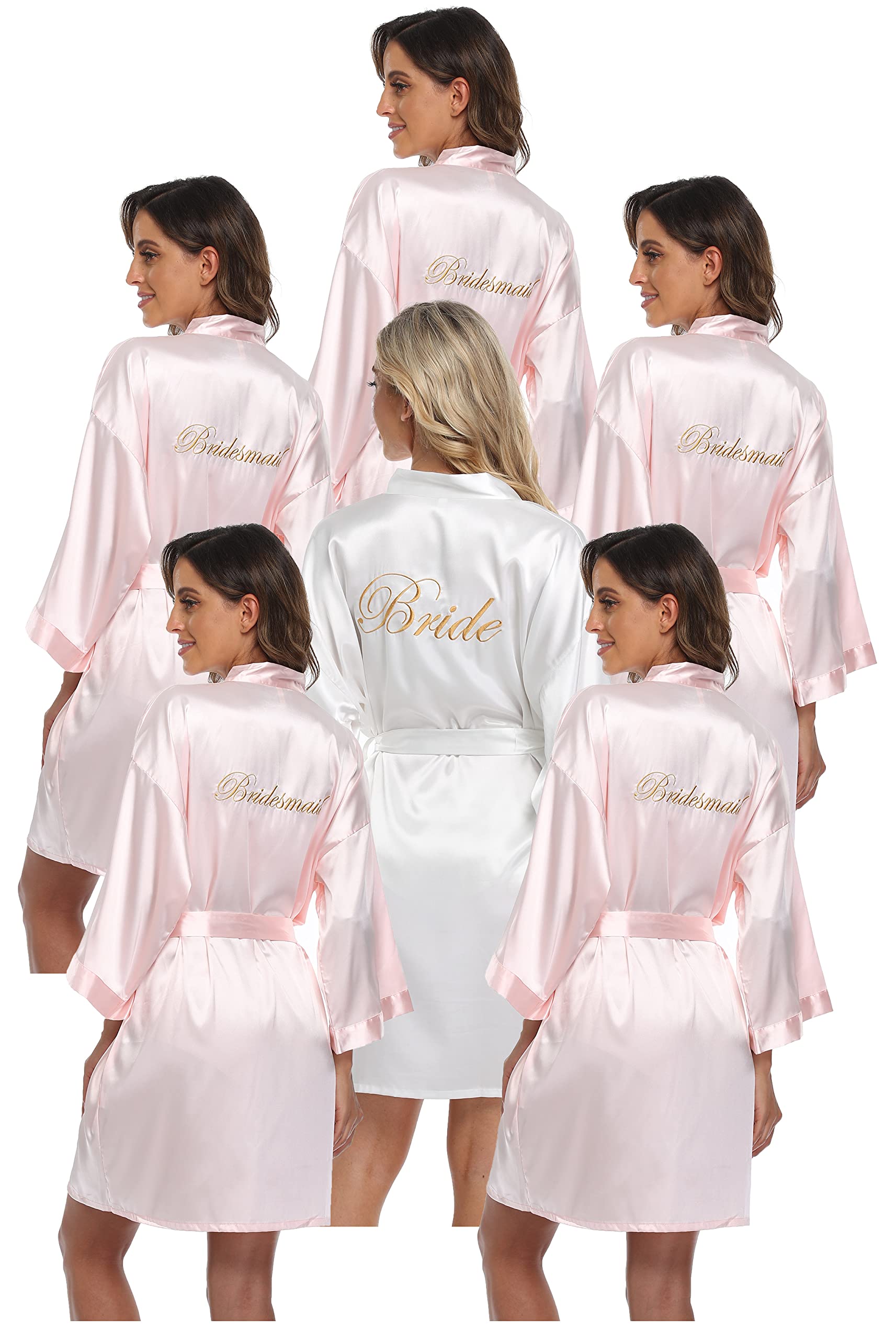 PENGEE6 Pcs Women's Satin Wedding Party Robe Set Bride Bridesmaid Kimono sets Bridal Shower Getting Ready Silky BathRobe