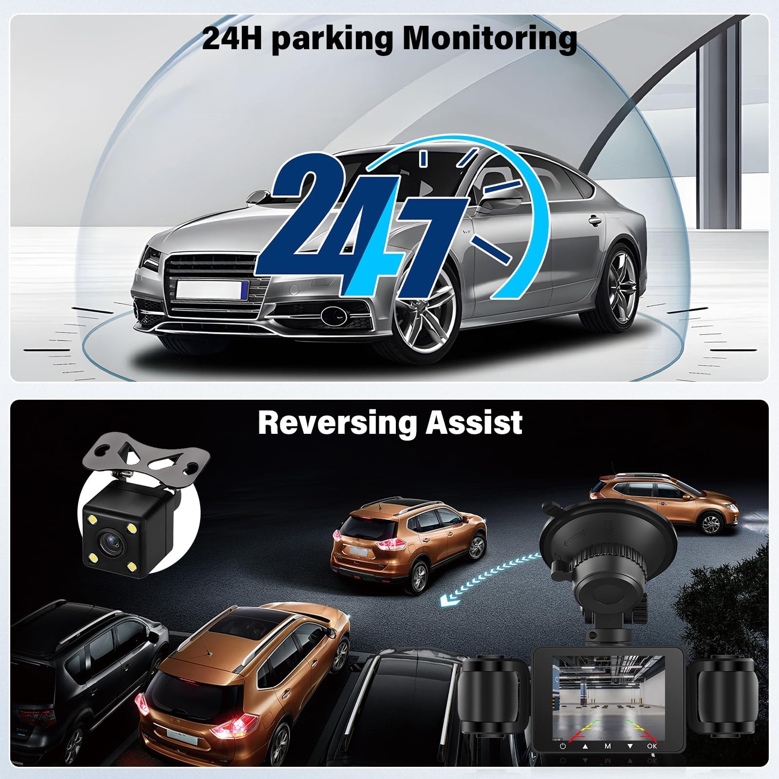 CAMECHO Dashcam Voiture Avant Arrière 1080P, Caméra Embarquée Voiture avec Carte SD 64Go Gratuite, Caméra de Voiture WiF, Super Vision Nocturne, Mode Parking 24H