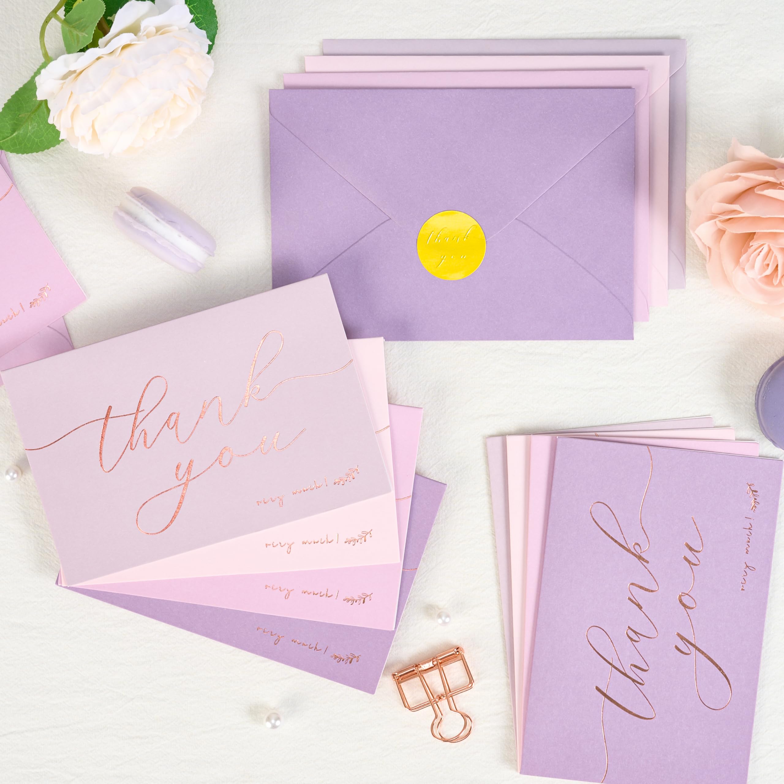 Crisky 50 tarjetas de agradecimiento de tono lavanda con sobres y calcomanías, tarjetas de felicitación simples y elegantes, perfectas para bodas, negocios, cumpleaños, graduación, 4 x 6 pulgadas