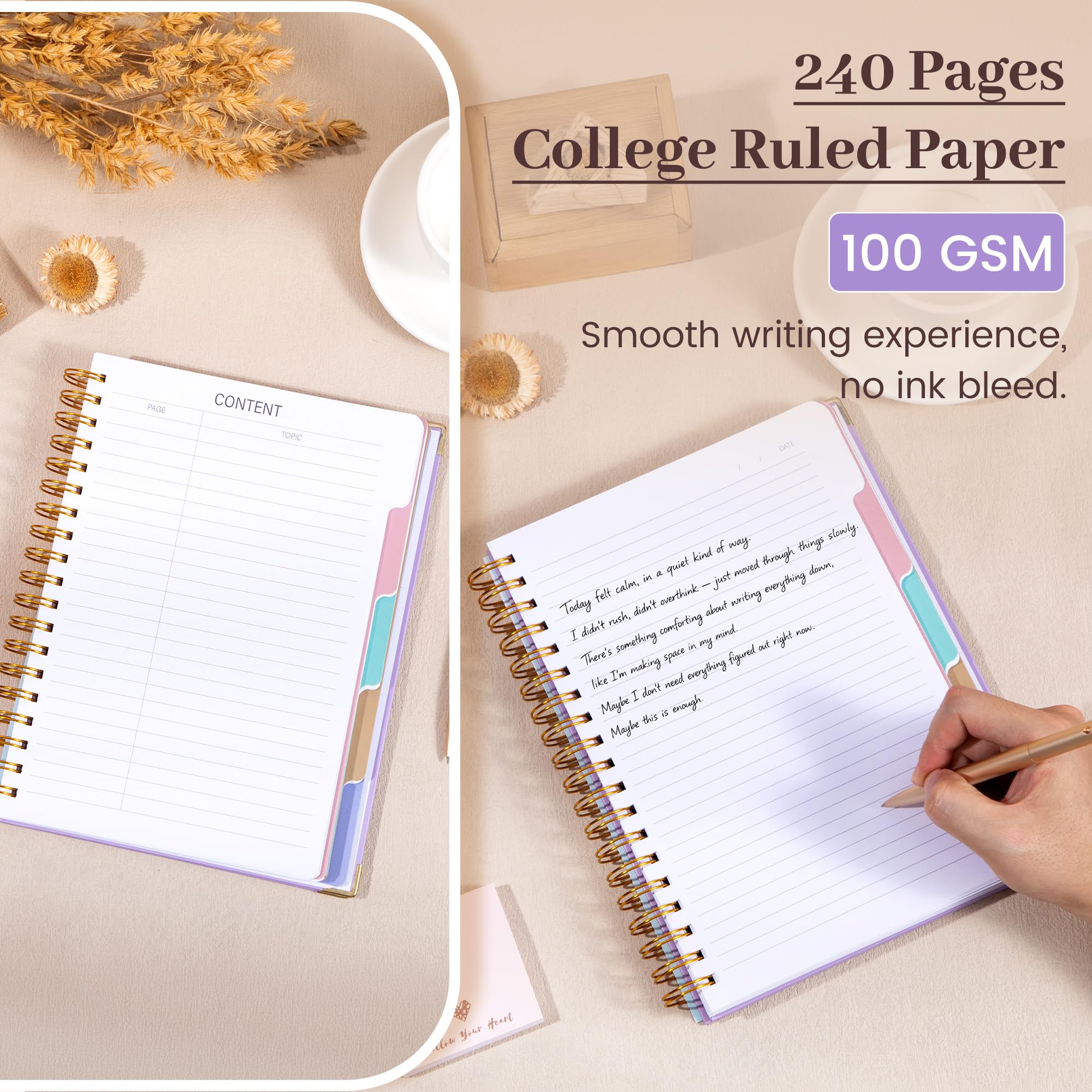 Cuaderno de espiral de tapa dura con pestañas de 7 x 10 pulgadas, diario grande con rayas en espiral para mujeres con divisores, 240 páginas, cuaderno de composición a rayas universitarias, cuaderno