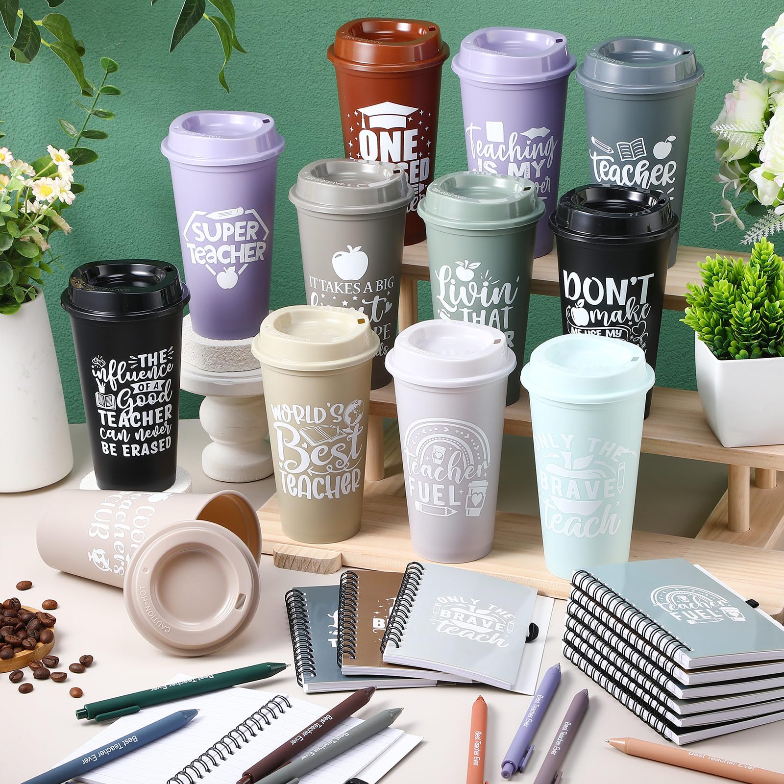 LemonRoad 36 Pcs Teacher Appreciation Gifts Bulk Thank You Teachers Set 16 oz Plastic Coffee Cup with Lid Straw Notebook and Pen 2026 Graduation Gift for Mentor Counselor (Teacher Wish,Morandi)