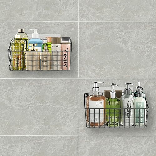Miniatura 6 de Paquete de 2 cestas colgantes de pared para organizar cestas grandes de pared de alambre con 5 ganchos en forma de S + 2 ganchos adhesivos fuertes,