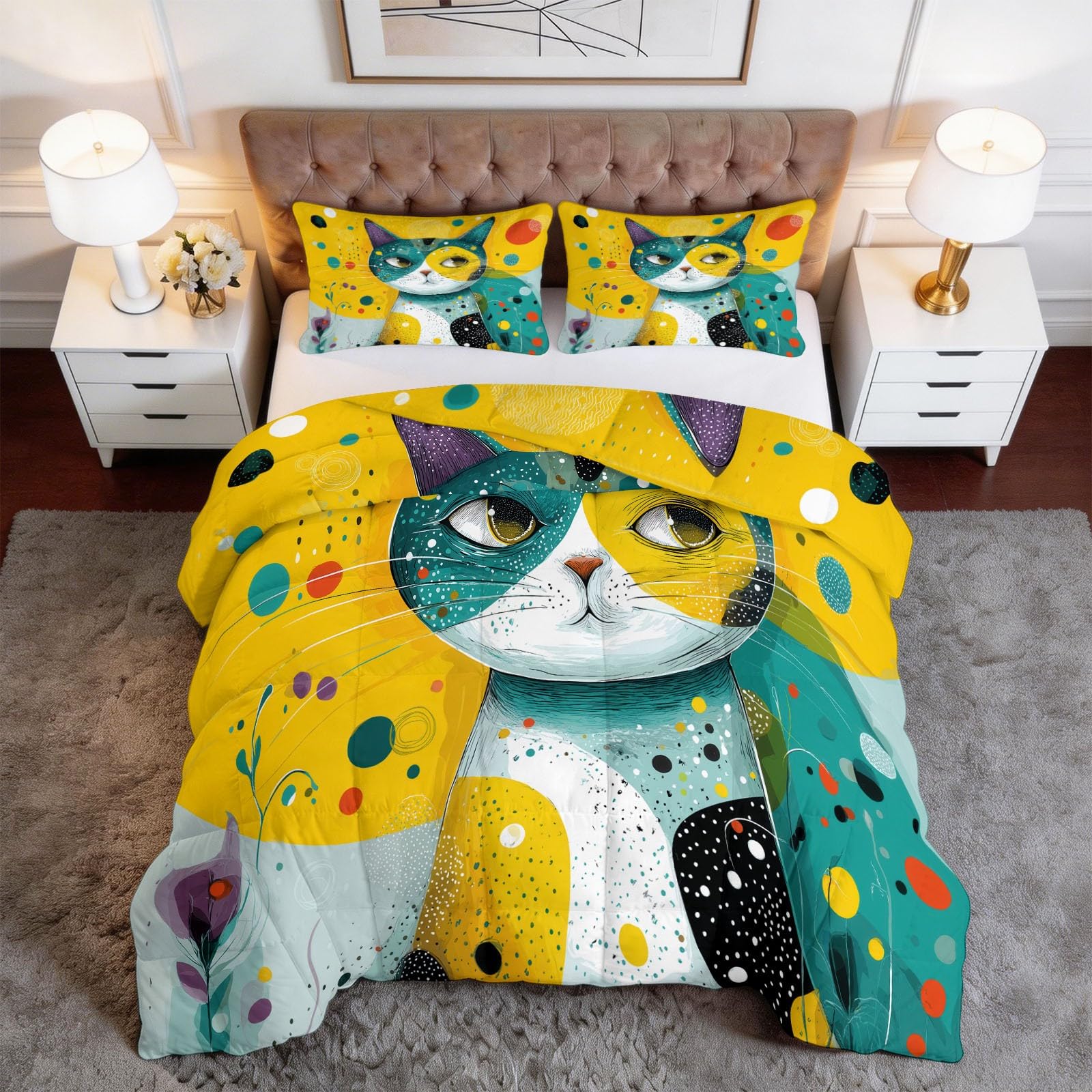 Generisch Bunte Katzen Punkte Bettdecke 155 x 220 cm 4 Jahreszeiten Steppdecke, Pop-Art Waschbare Ganzjahresdecke Schüler Jugendliche Bettwaren Set Kinderzimmer Mädchenwohnheim Bettdecke Ohne Bezug
