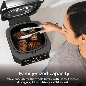 Ninja EG201 Foodi 6-in-1 Indoor Grill with Air Fry, Roast, Bake, Broil, Dehydrate, 2nd Generation, Dishwasher Safe, Black/Silver