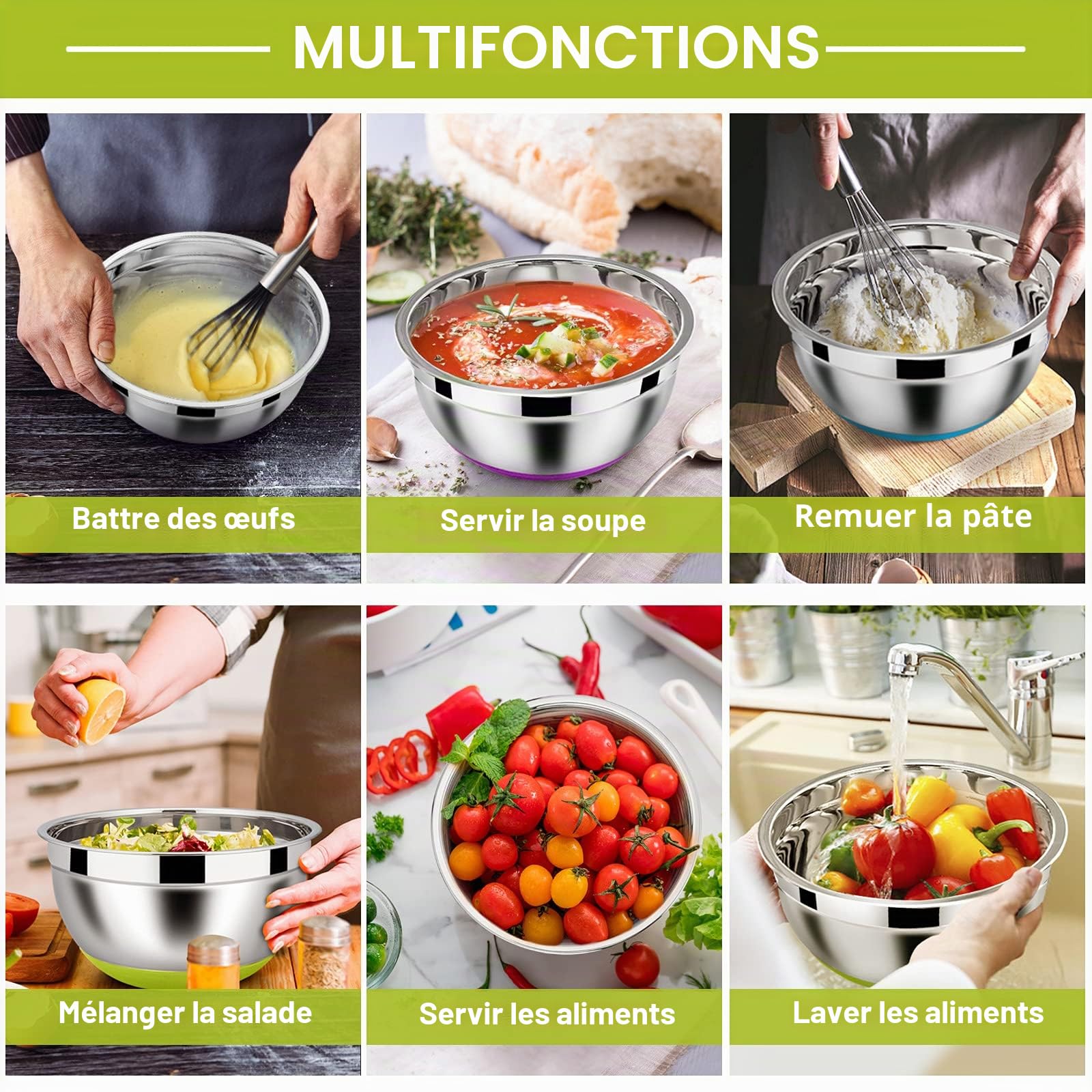 Homikit Ensemble de bols à mélanger, Ensemble de 6 bols à salade en acier inoxydable avec couvercle hermétique & fond en silicone, Empilable, Lavable au lave-vaisselle, 4.6L/2.8L/2.5L/1.6 L/1.2L/0.7L