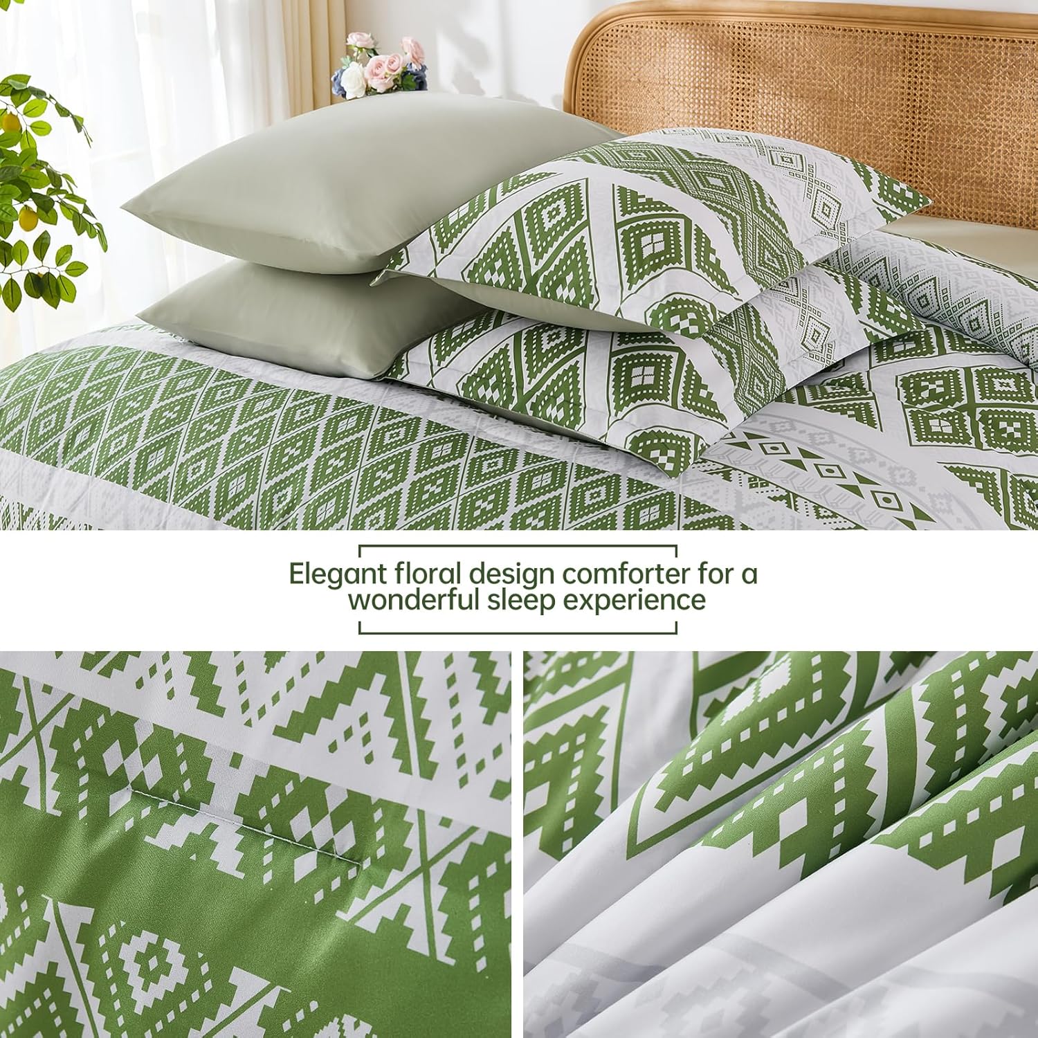 Luxudecor Green Comforter Set Queen Size 7 Pieces,Boho Aztec Comforter with Sheet Set,Geometric Striped Pattern Bed in a Bag,Soft Microfiber Bed Set 90"x90"