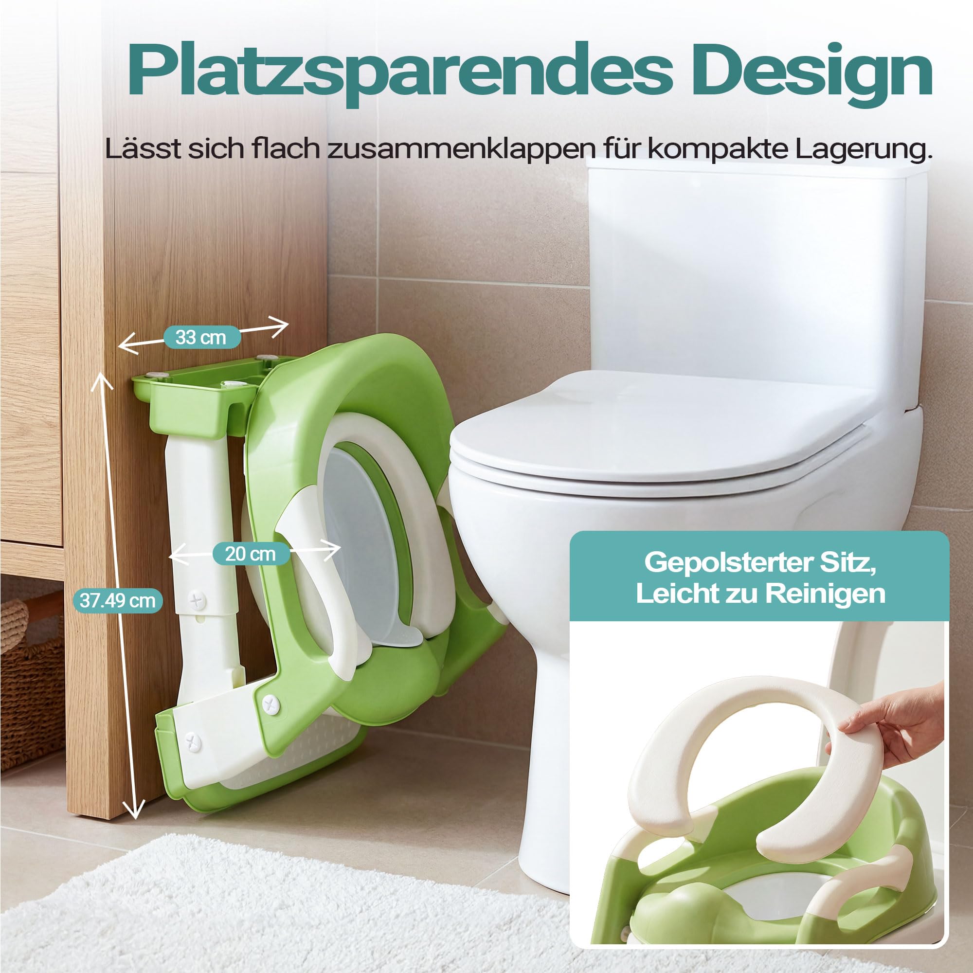SereneLife Toilettensitz Kinder mit Treppe – 2-in-1 Höhenverstellbarer Toilettentrainer mit Leiter, Rutschfester WC Sitz mit Griffen für Jungen und Mädchen, Grün