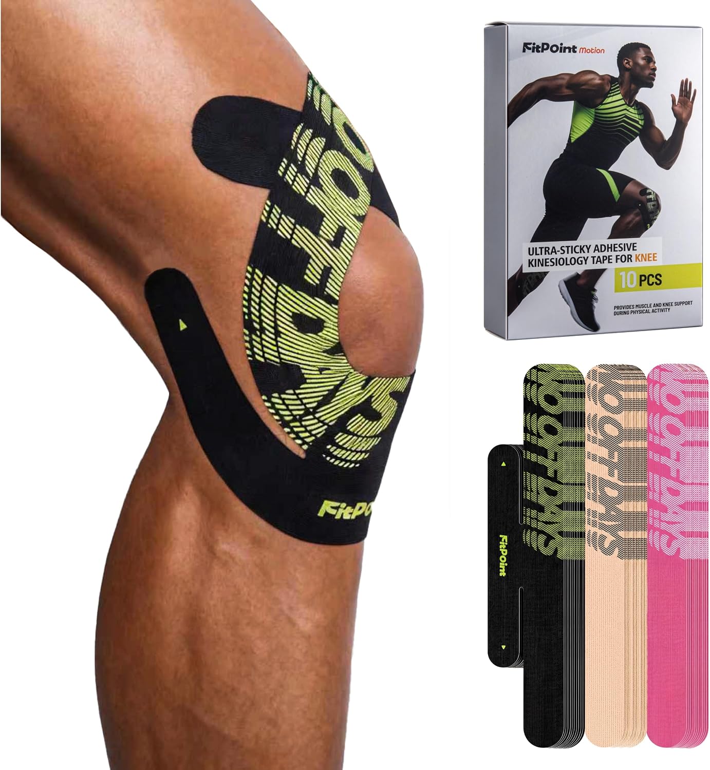 Kinesiology Tape for Knees 10 Pcs Ultra-Sticky Patella Knee Tape for Knee Pain Relief & Knee Stability Pre Cut Synthetic Kinetic Tape for Knee Support Waterproof Latex-Free Jet Black