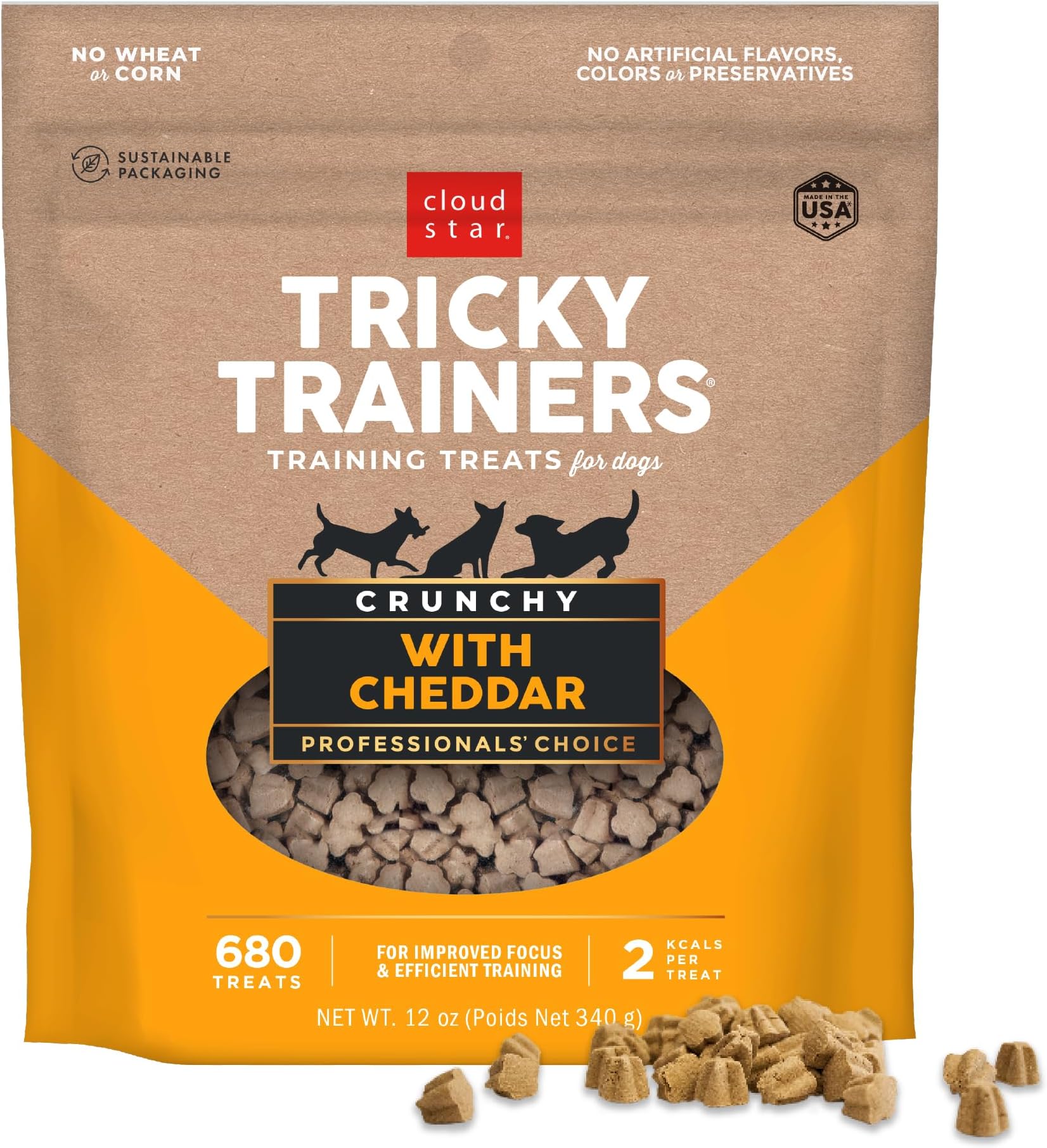 Cloud Star Tricky Trainers Crunchy Dog Training Treats Pouch, Cheddar Flavor, Low Calorie Behavior Aid with 680 Treats