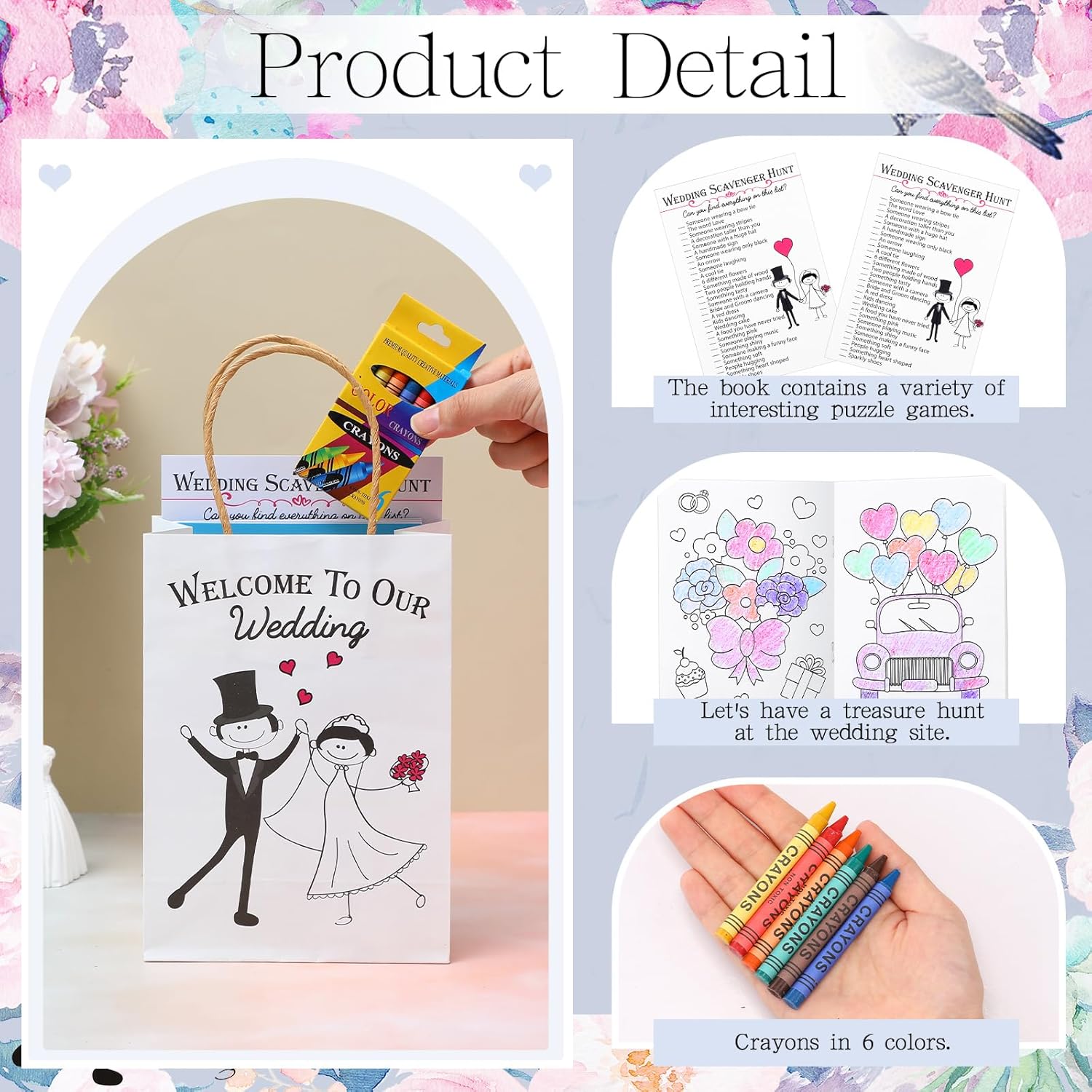 96 Pcs Wedding Activity Set Include 24 Coloring Books 24 Favor Bags 24 Crayons 24 Scavenger Hunt Sheets for Wedding Activities Game Favor Entertainment Party Supplies