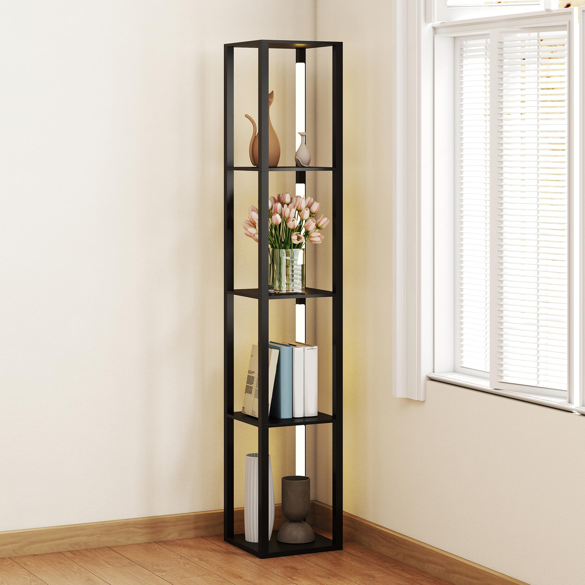 Homcom Black Led Floor Lamp With Shelves, Modern Dimmable Standing Lamp With 3 Brightness Levels And Foot Switch For Living Room, Bedroom, Office,