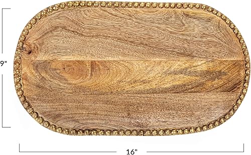 Miniatura 7 de Creative Co-Op Bandeja de madera de mango tallada a mano de 16 pulgadas con cuentas de madera, acabado natural y dorado