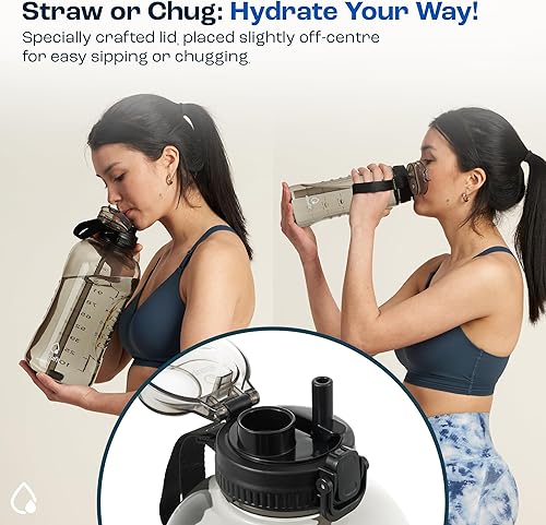 Miniatura 4 de AQUAFIT Botella de agua de 128 onzas con marcador de tiempo, tapa de popote y pico 2 en 1, botella de agua grande con popote, botella de agua para