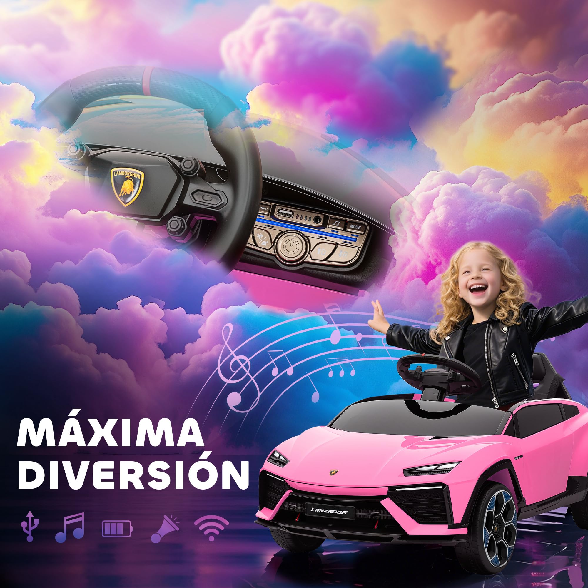 AIYAPLAY Coche Eléctrico para Niños de +3 Años, Lamborghini, Coche de Batería 12V, con Mando a Distancia 2,4 G, Motor Doble, Ruedas con Suspensión, Faros, Música, USB, Rosa